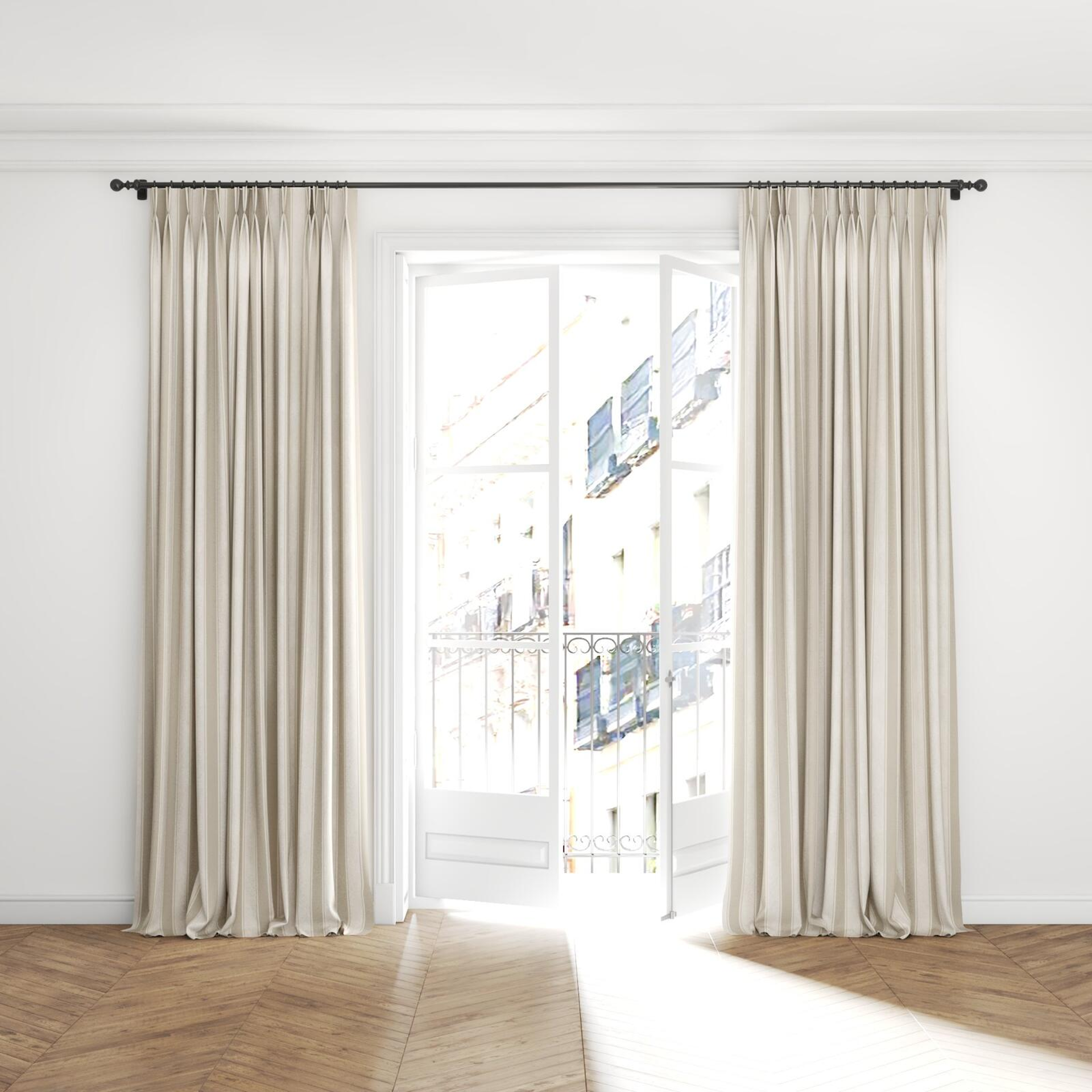 Full view of Broad Stripe Taupe, puddled with pinch pleat, on curtain rod