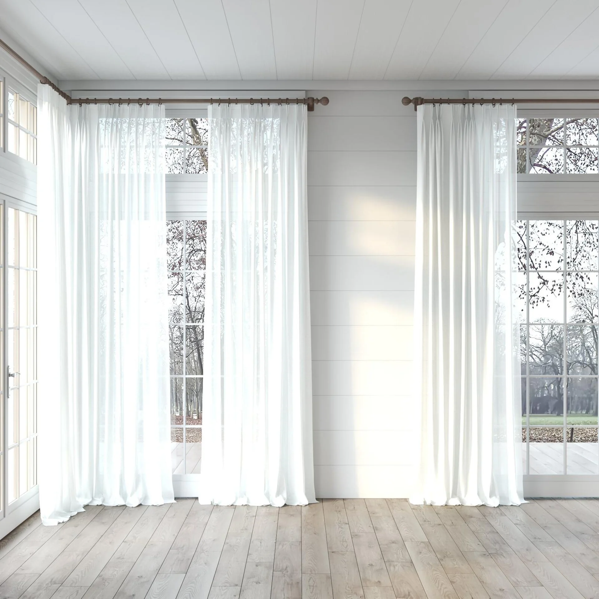 Full view of Gossy Ivory, puddled, on curtain rod