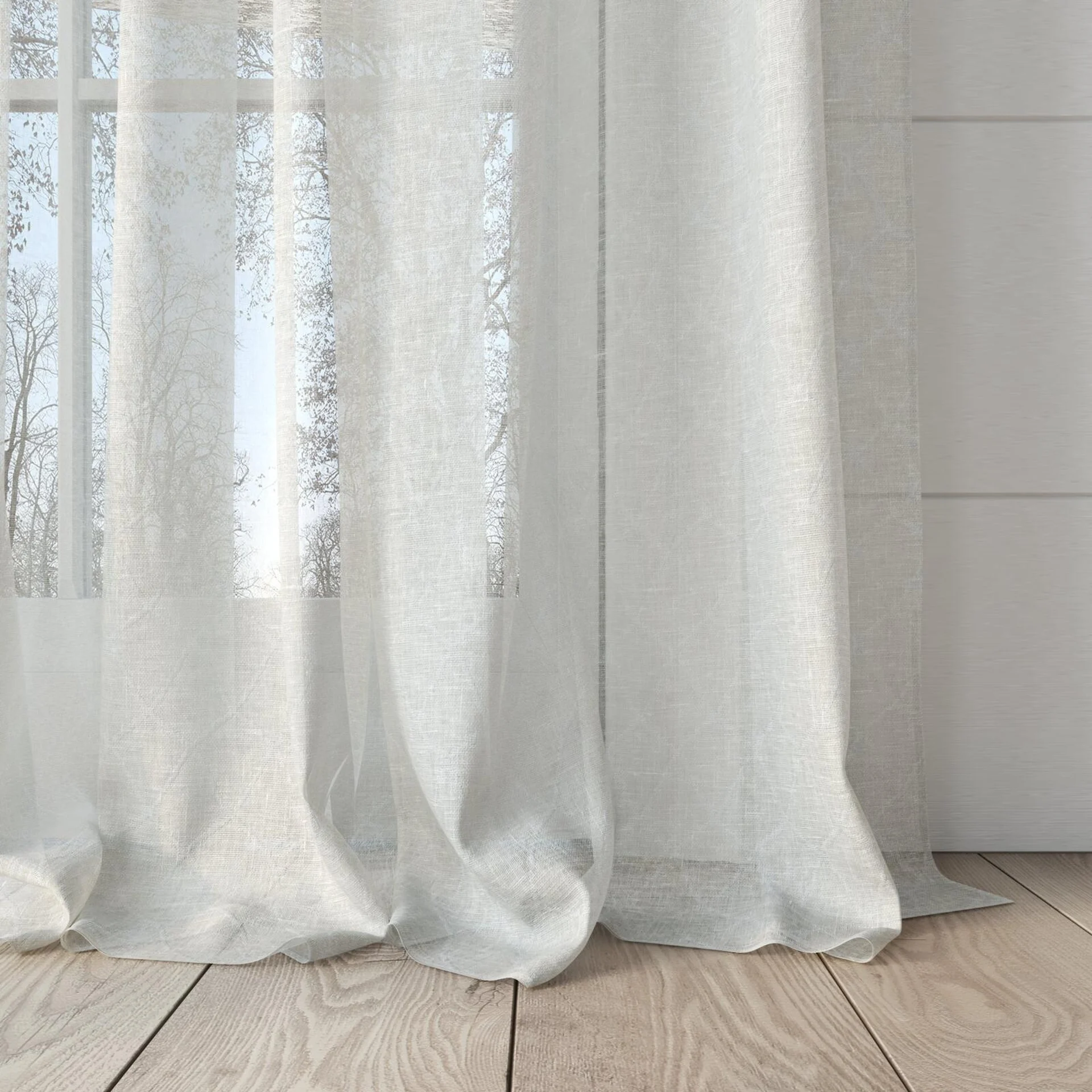 Bottom view of Marie Pure, puddled, on curtain rod