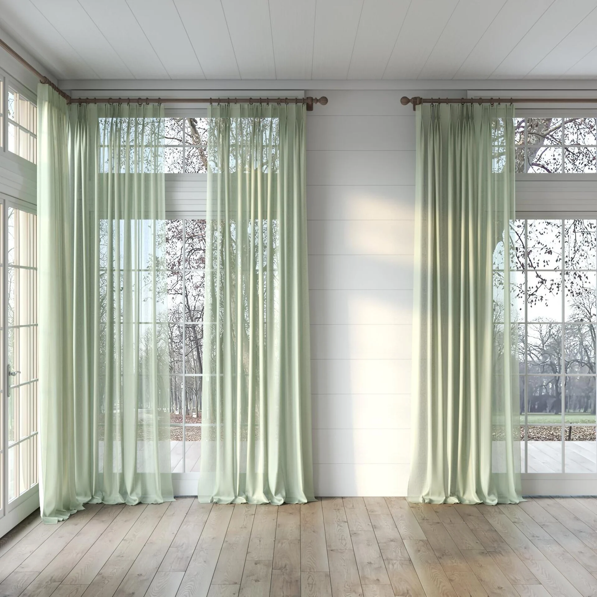 Full view of Alcova Jade, puddled, on curtain rod