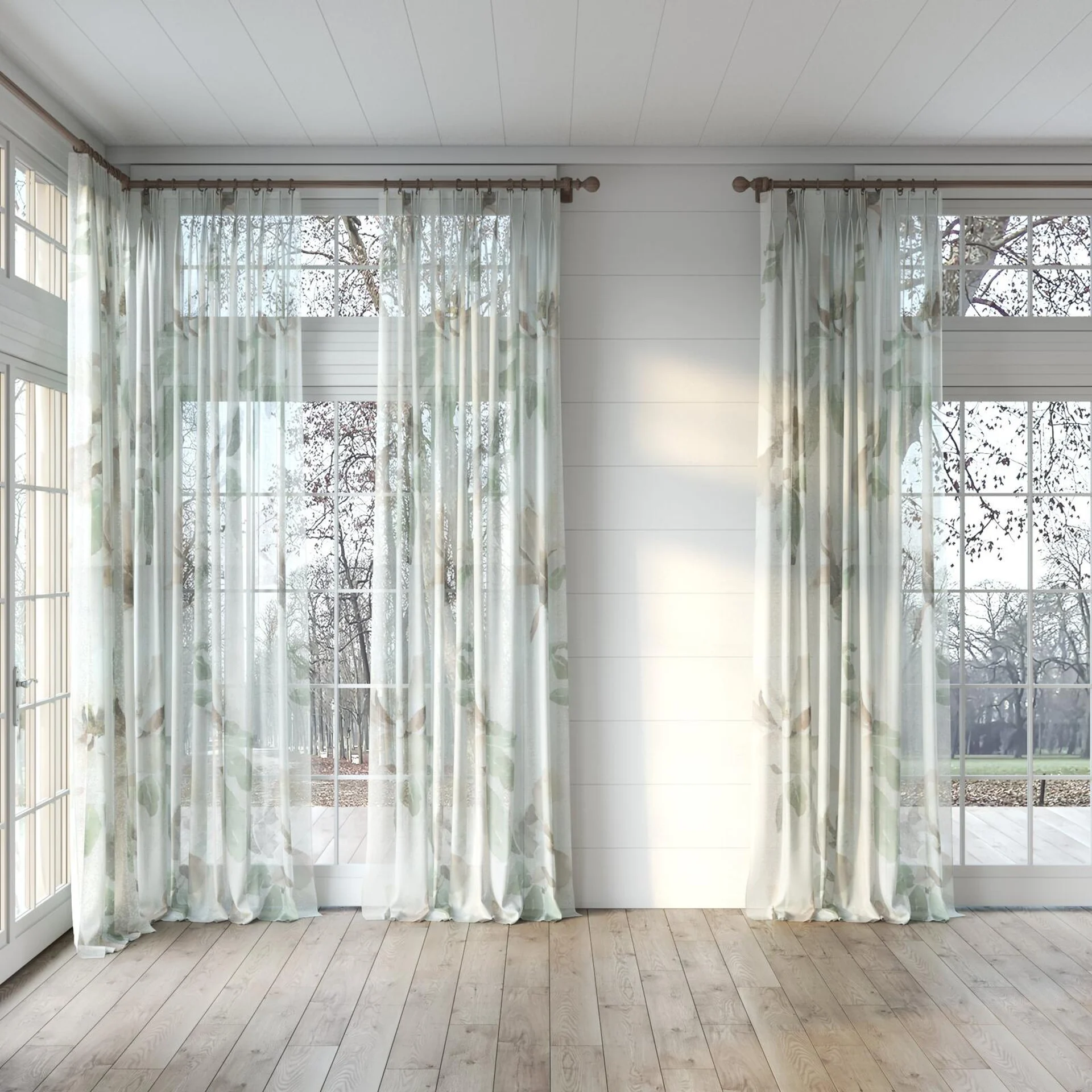 Full view of Magnolia Grande Sheer Musk, puddled, on curtain rod