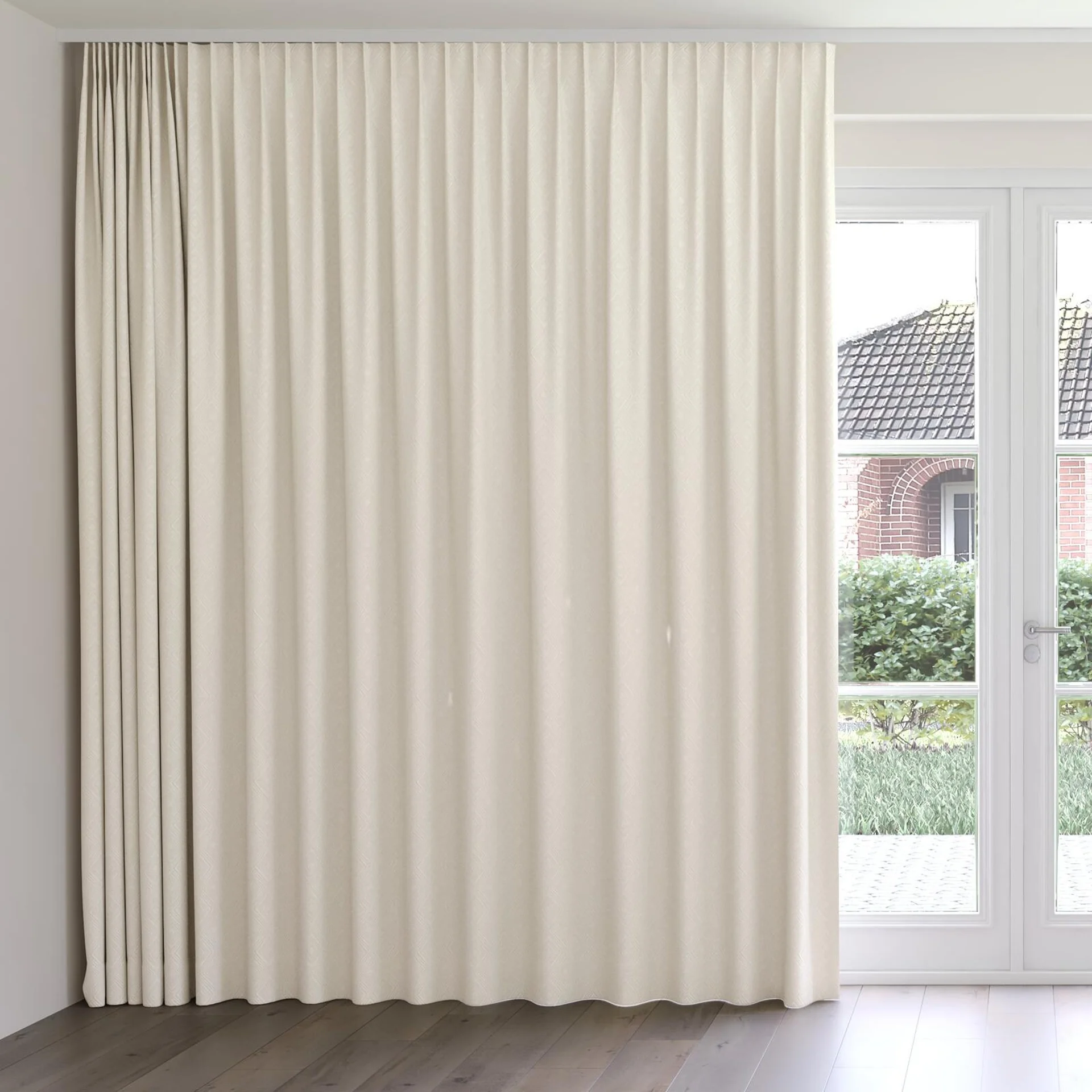 Front view of Senza Ivory, on curtain rail