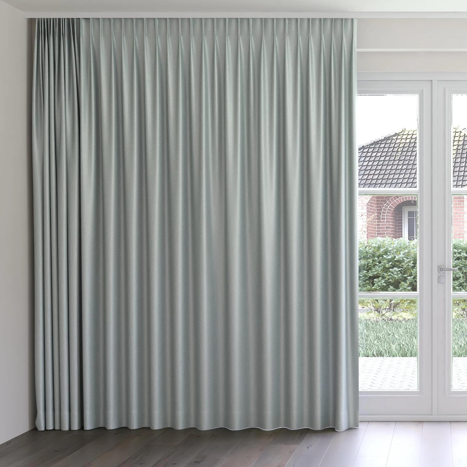 Front view of Kennedy II Blackout Willow, on curtain rail