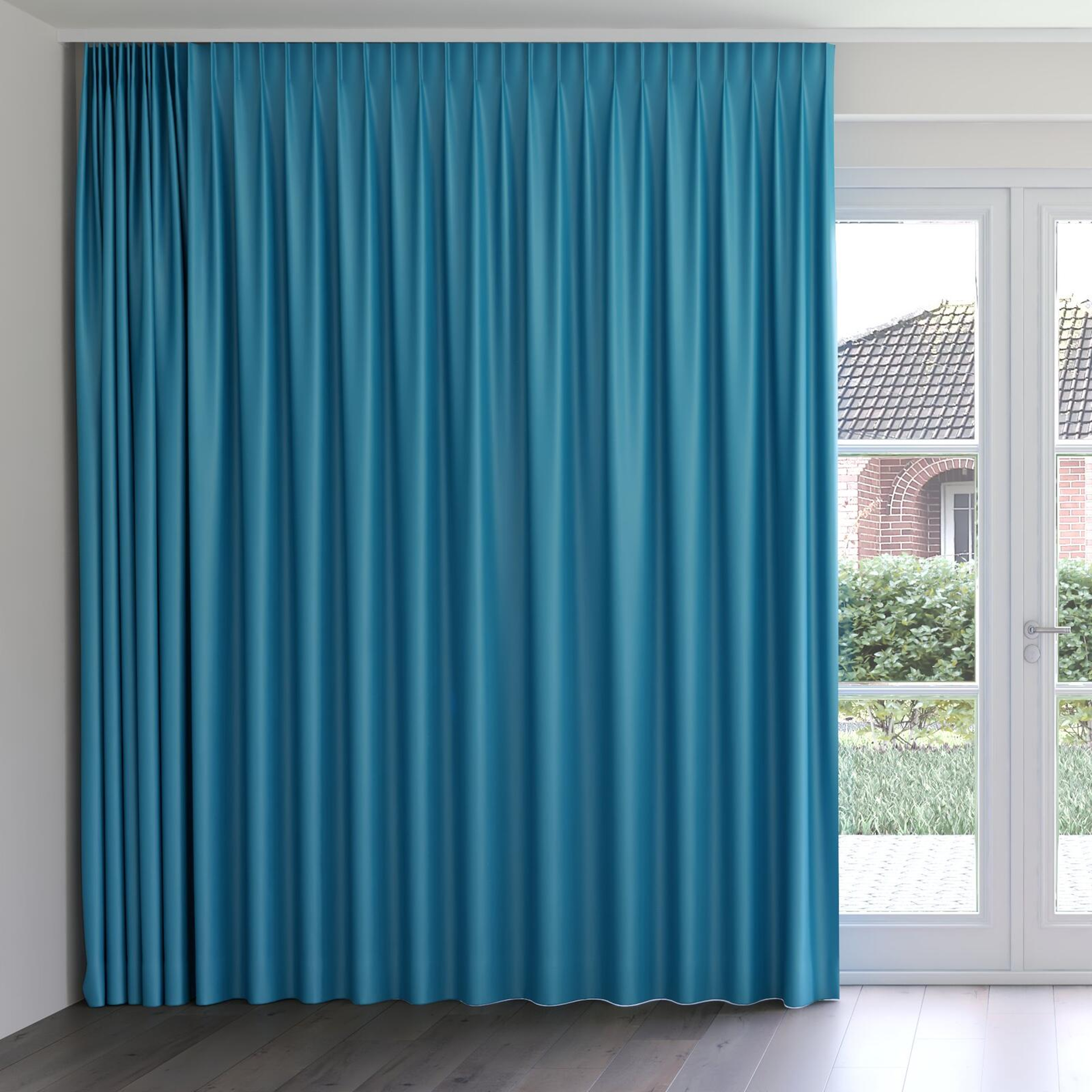 Front view of Blockbuster Teal, on curtain rail