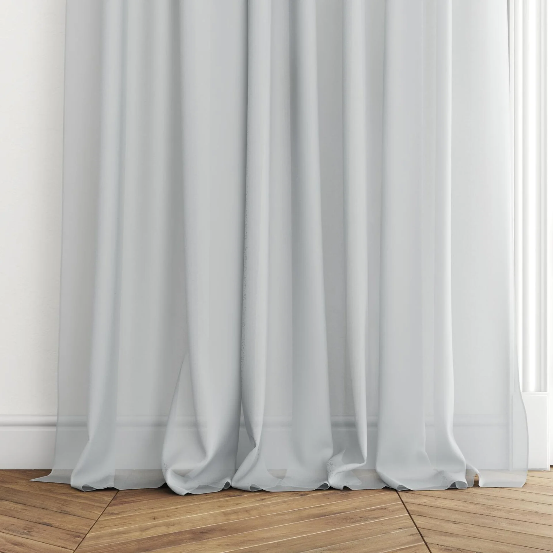Bottom view of Zine Dove, puddled with pinch pleat, on curtain rod