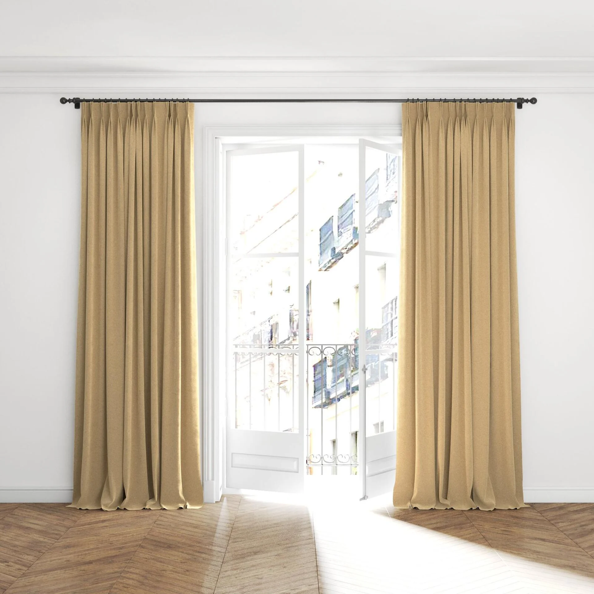 Full view of Moon Beige, puddled with pinch pleat, on curtain rod