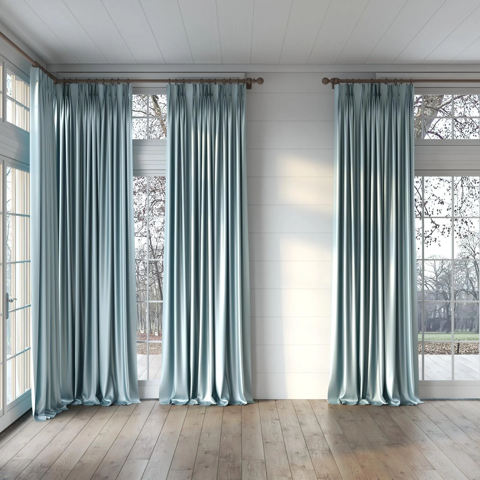 Full view of Moonbeam Mist, puddled, on curtain rod