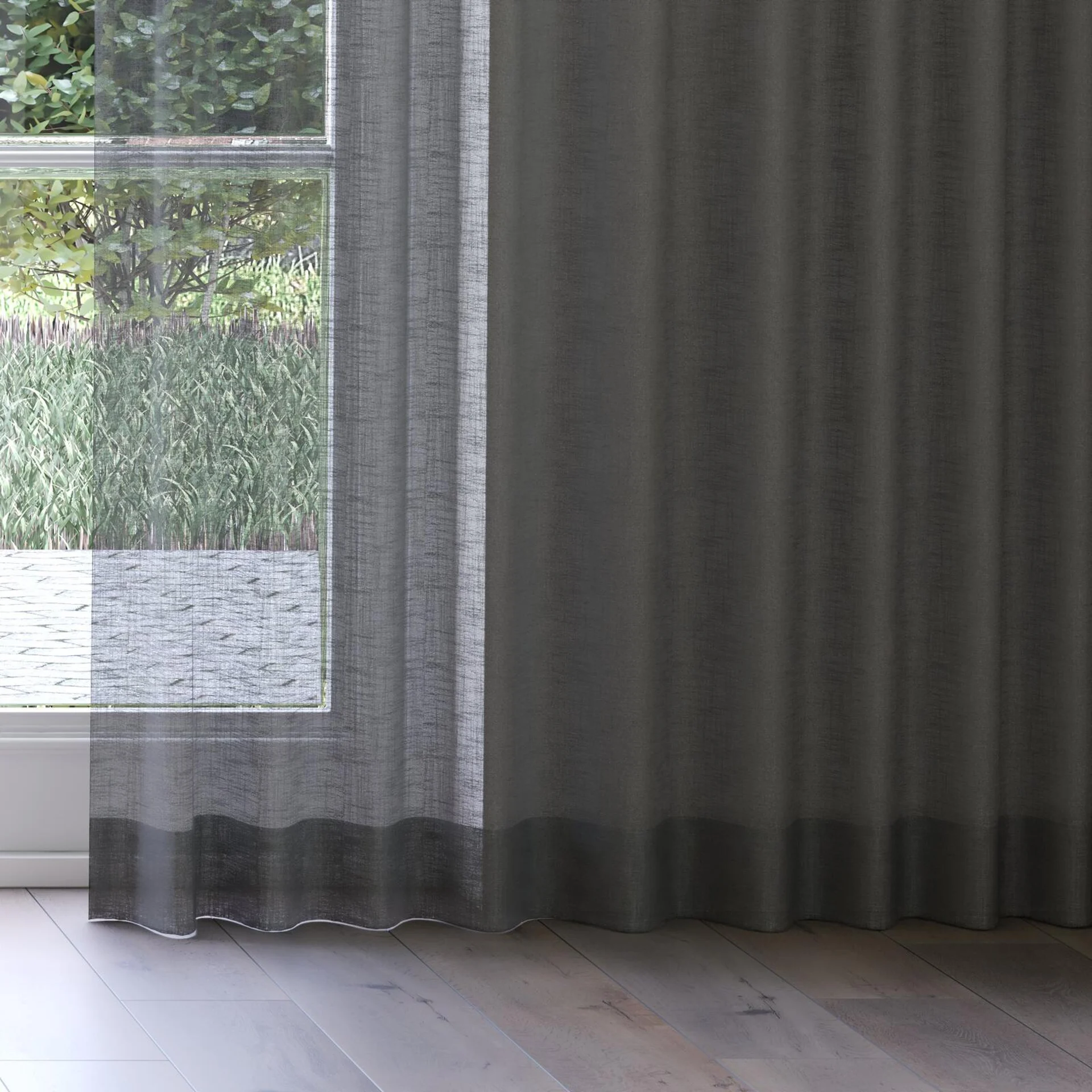 Bottom view of Verdant Charcoal, on curtain rail