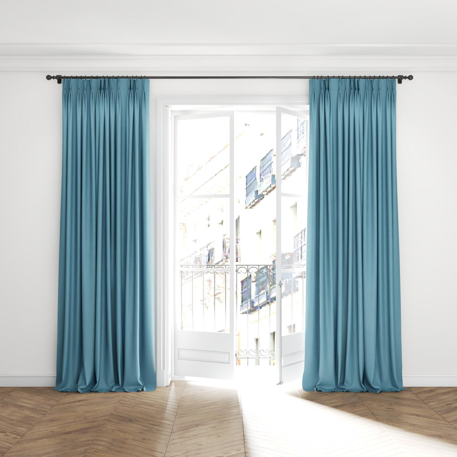 Full view of Cushy Niagara, puddled with pinch pleat, on curtain rod