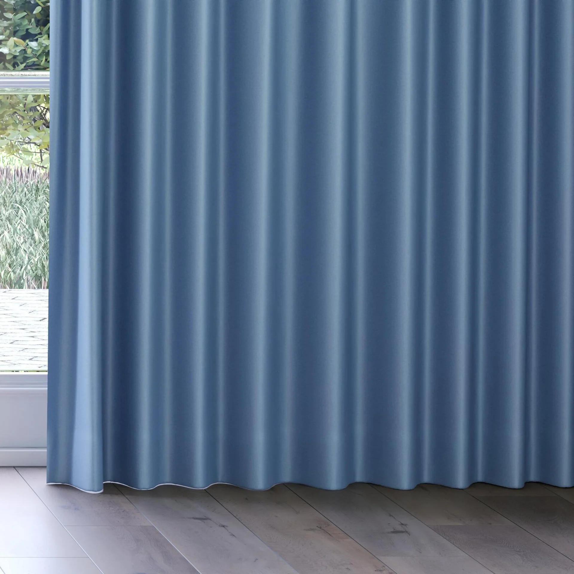 Bottom view of Stellar Blackout Denim, on curtain rail