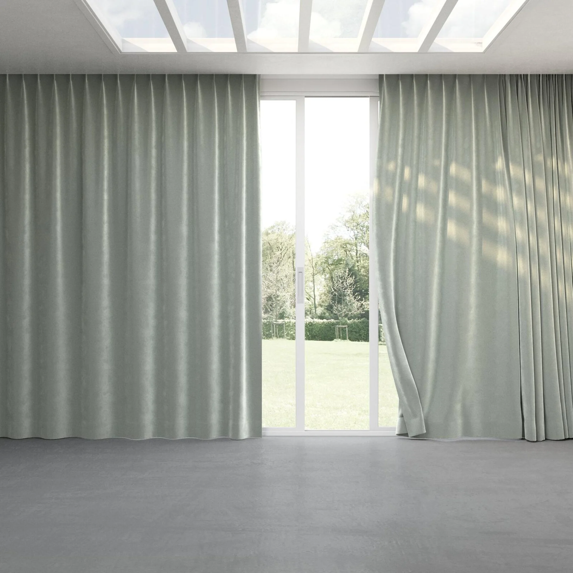 Full view of Velvelux Duckegg, pinch pleat