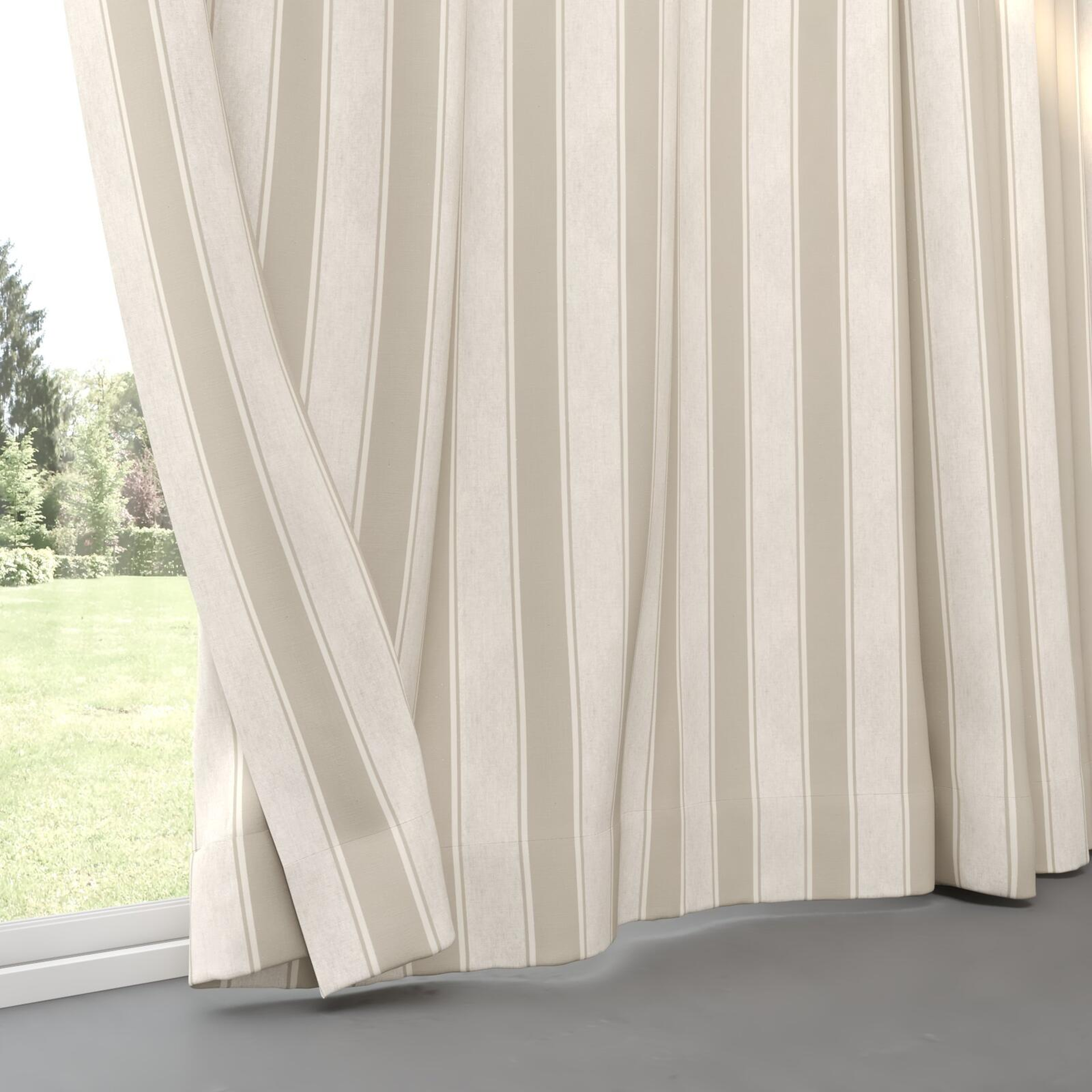 Bottom view of Broad Stripe Taupe, pinch pleat