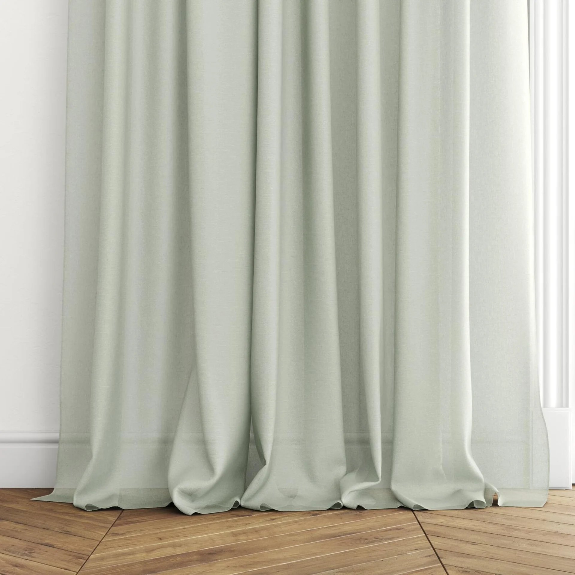 Bottom view of Alcova Mineral, puddled with pinch pleat, on curtain rod