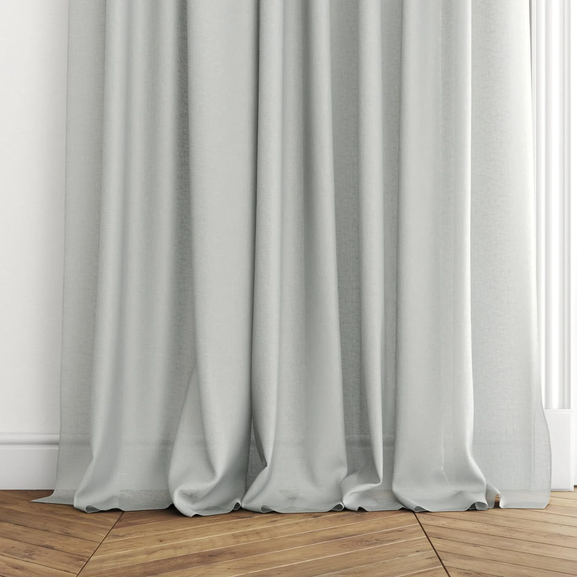 Bottom view of Laconia Air Haze, puddled with pinch pleat, on curtain rod