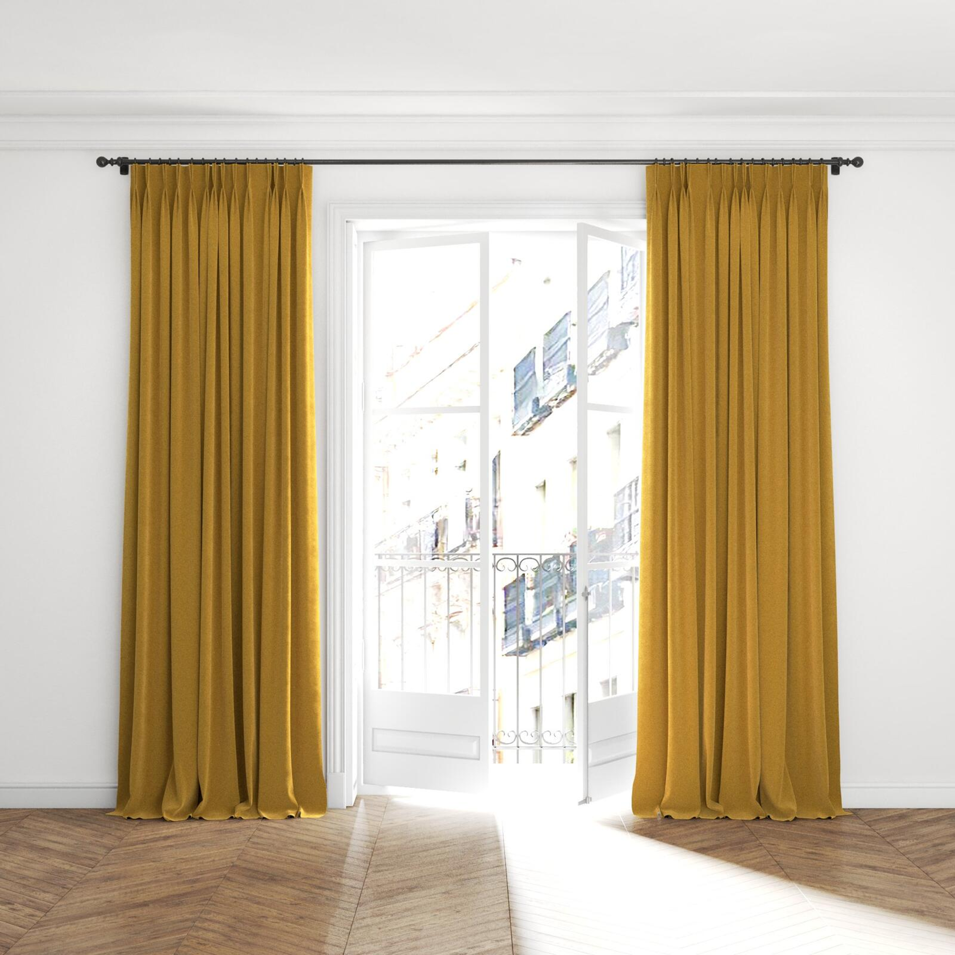 Full view of Moon Gold, puddled with pinch pleat, on curtain rod