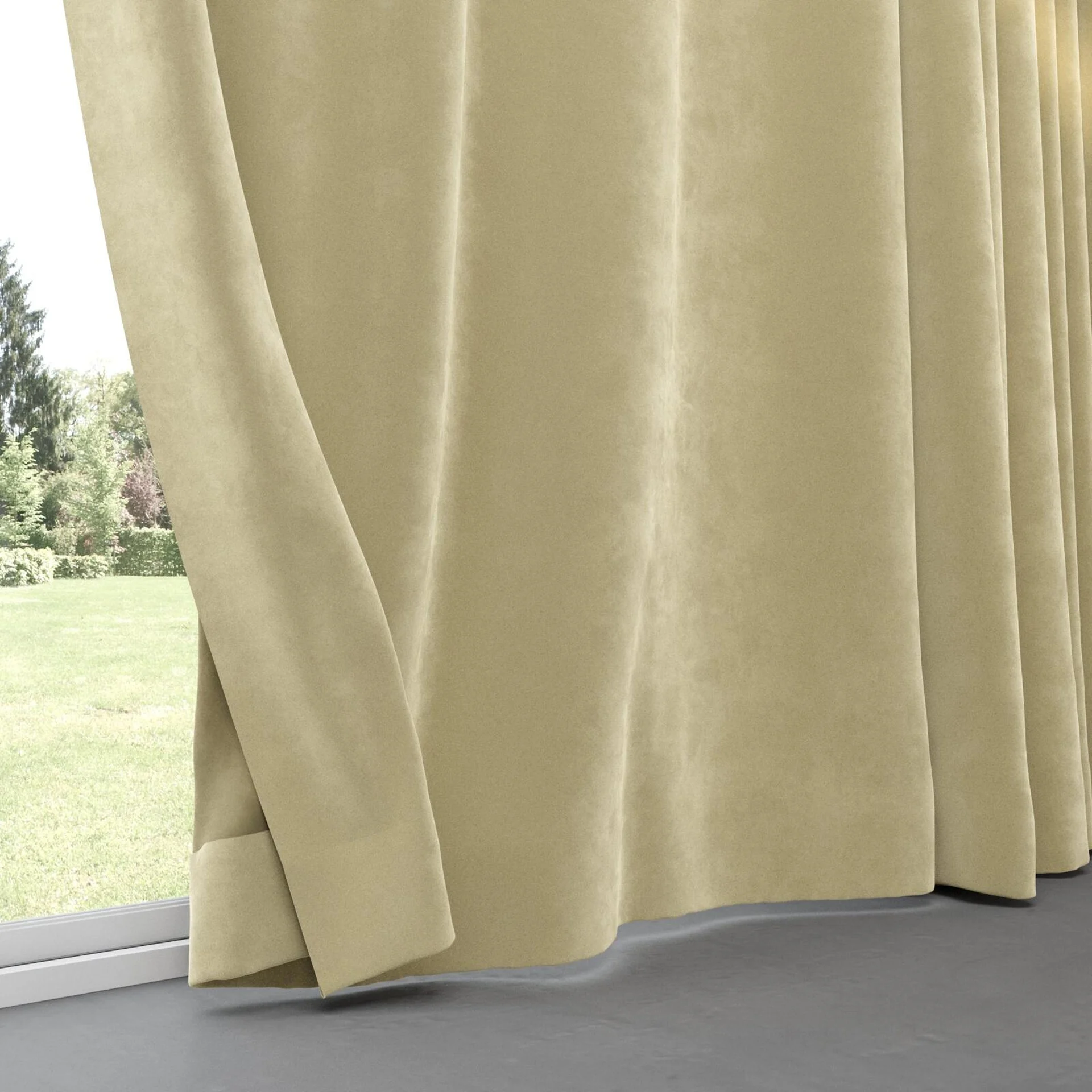 Bottom view of Lux Velvet Moss 8408, pinch pleat