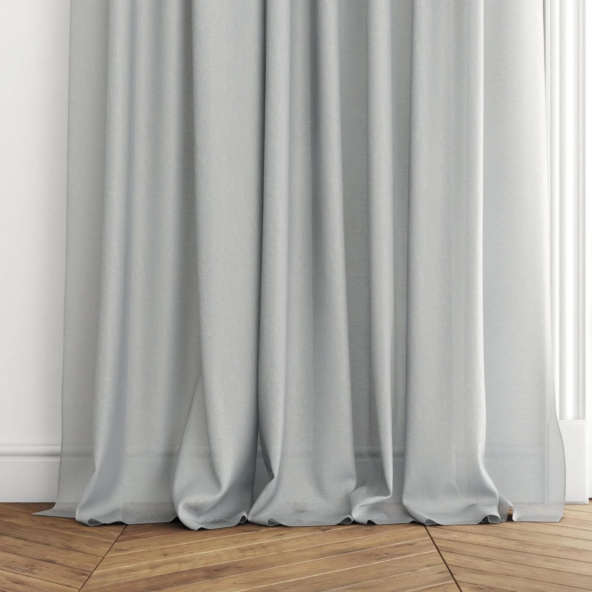 Bottom view of Alcova Fountain, puddled with pinch pleat, on curtain rod