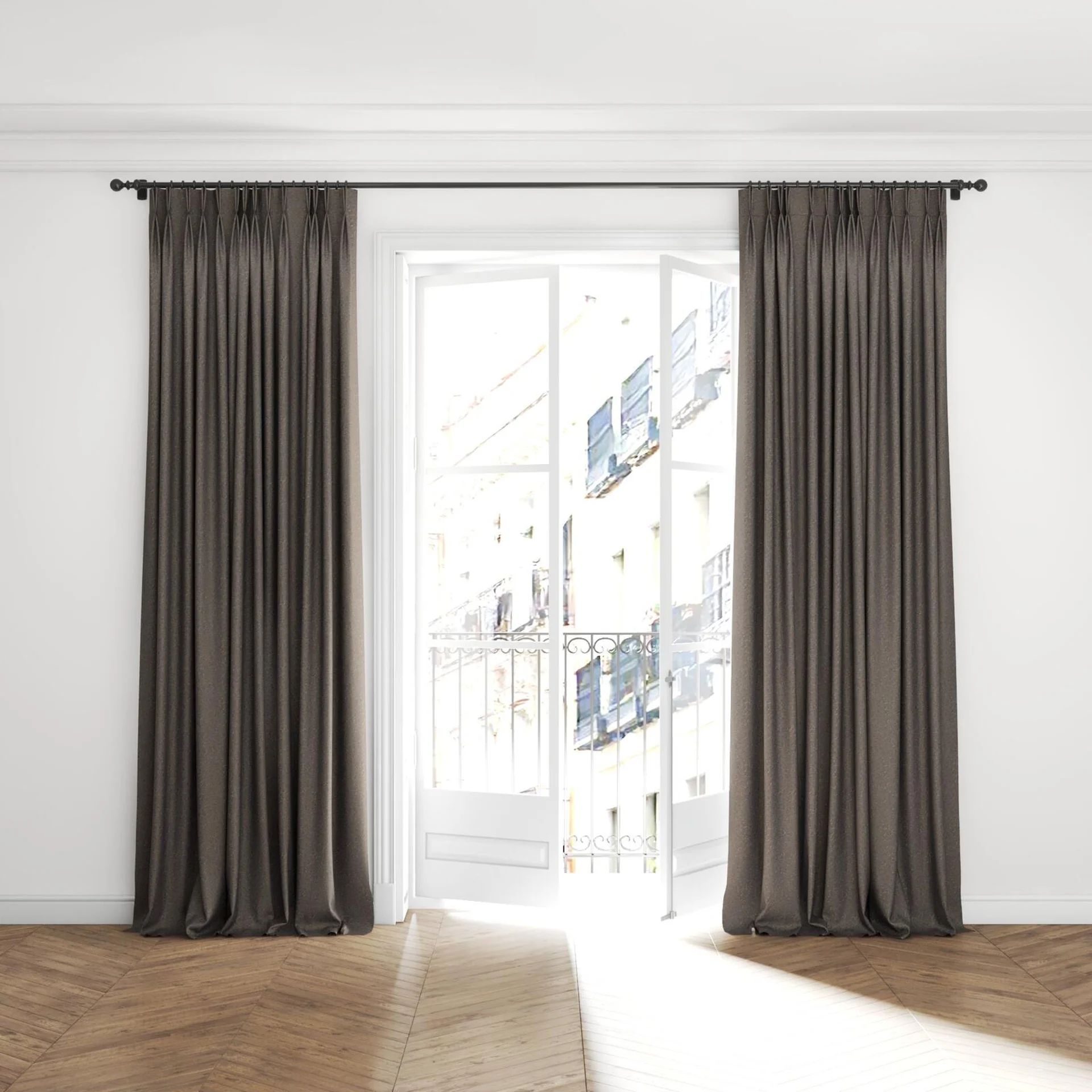 Full view of Bora Bora Estuary, puddled with pinch pleat, on curtain rod