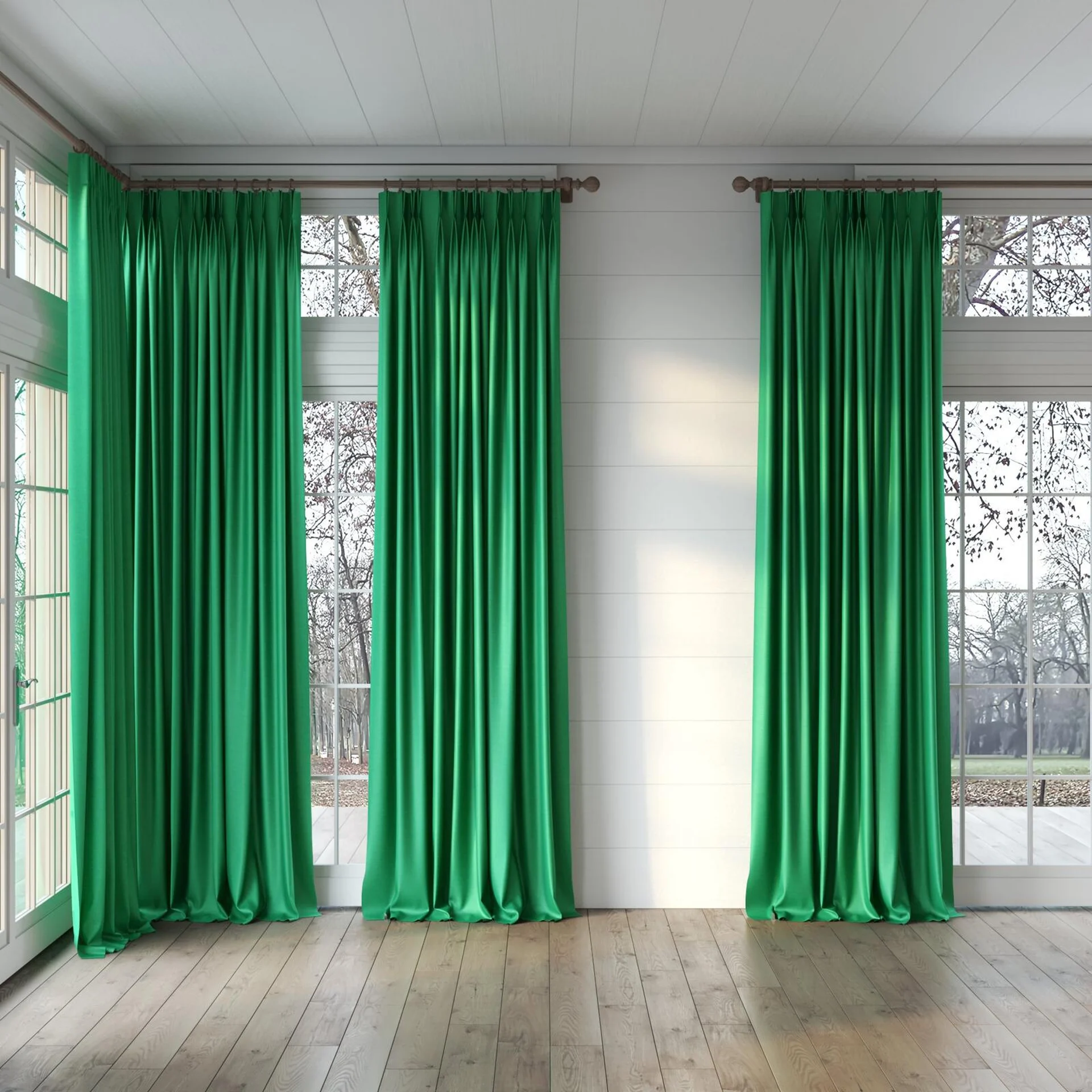 Full view of Provence Emerald, puddled, on curtain rod