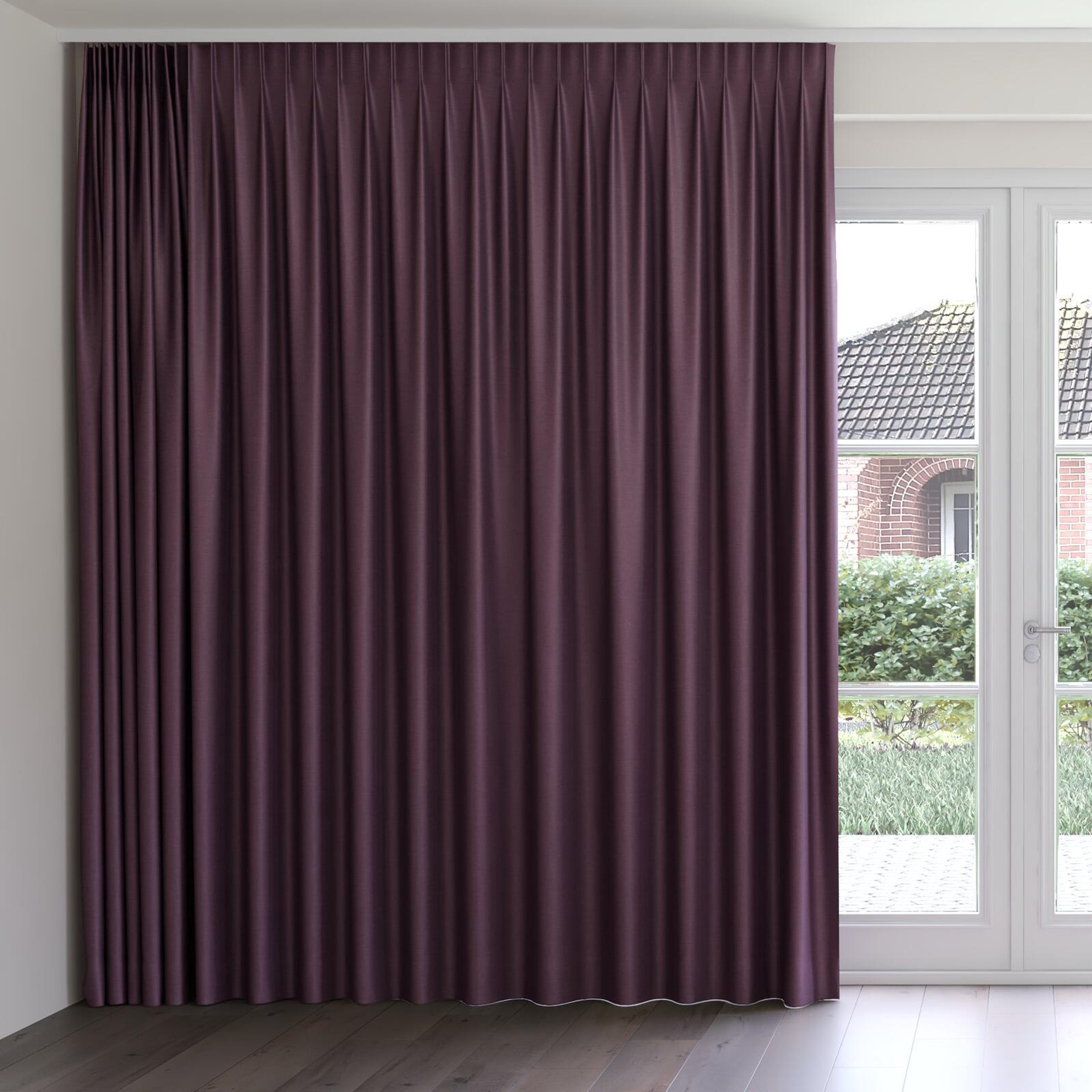 Front view of Provence Aubergine, on curtain rail