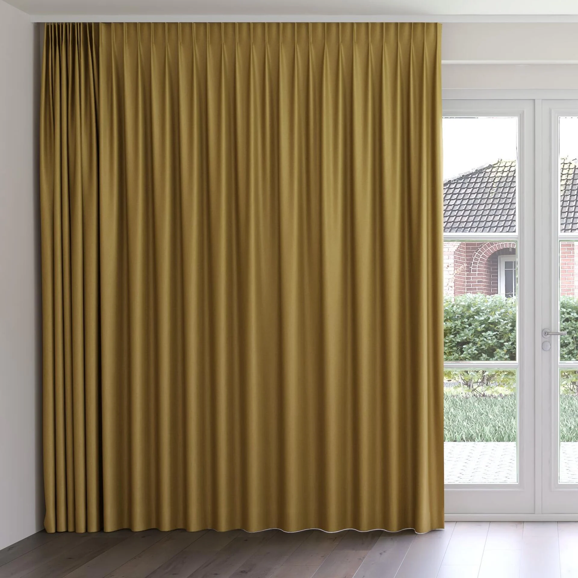 Front view of Eclipse Blackout Ochre, on curtain rail