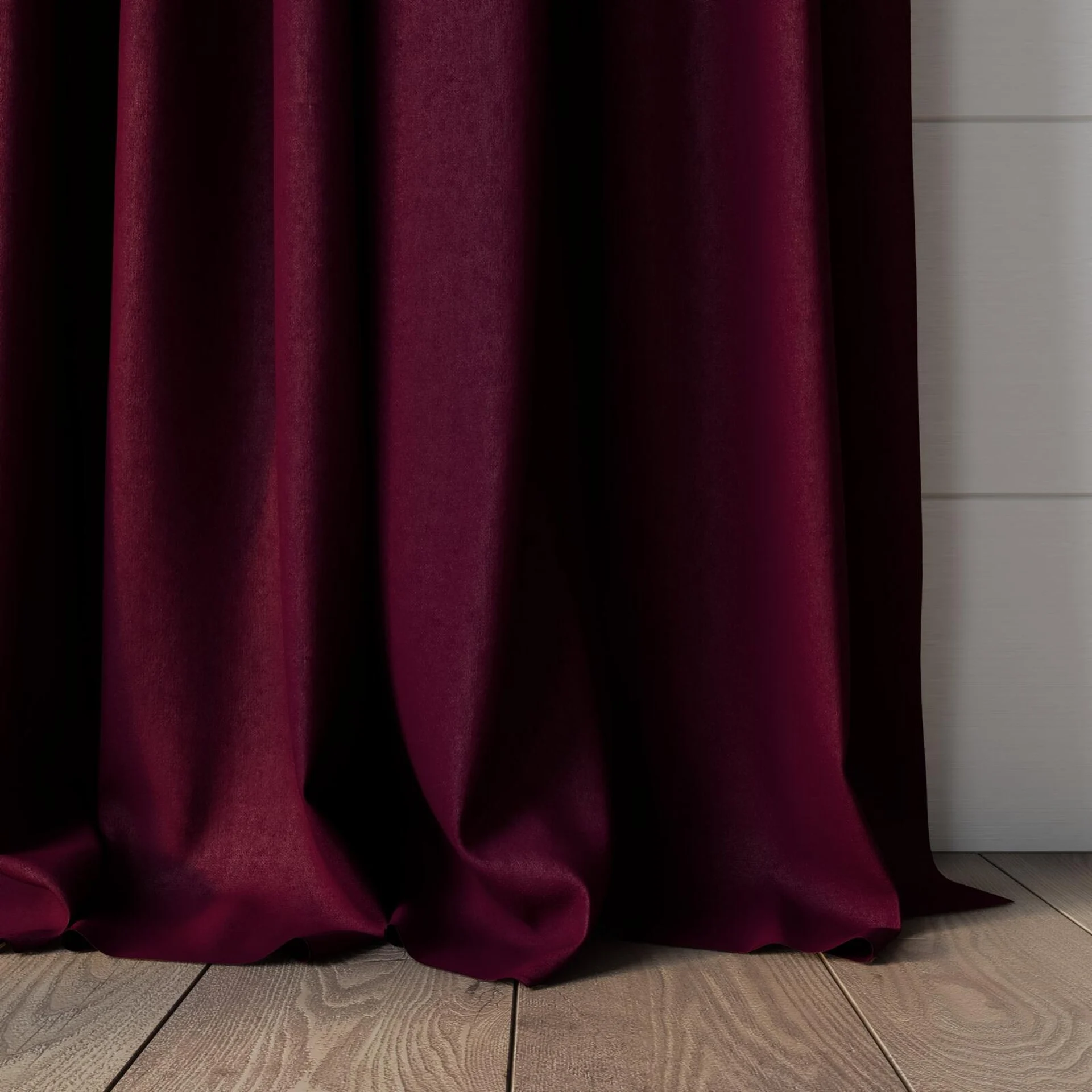 Bottom view of Luxo Vino, puddled, on curtain rod
