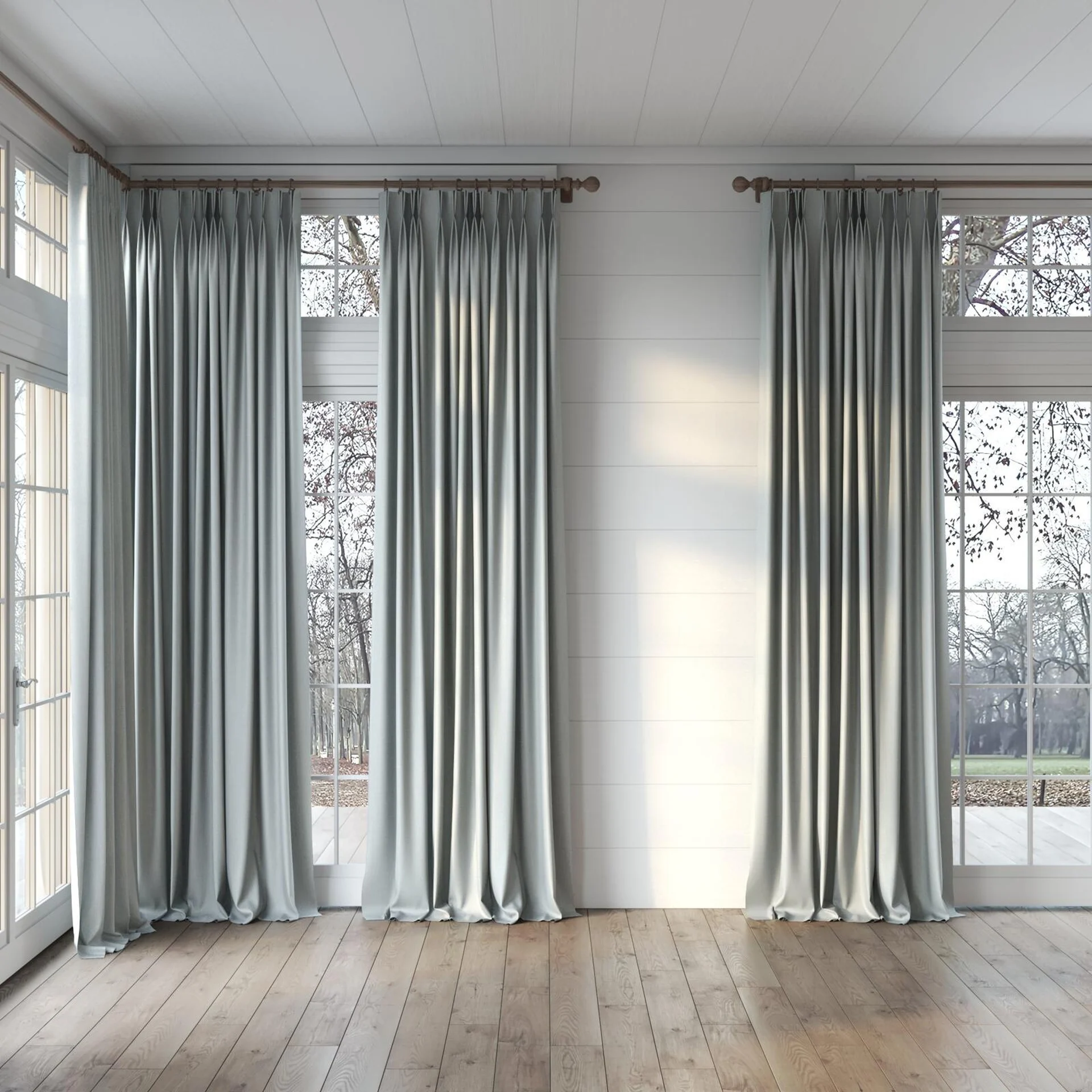 Full view of Gent Sky, puddled, on curtain rod