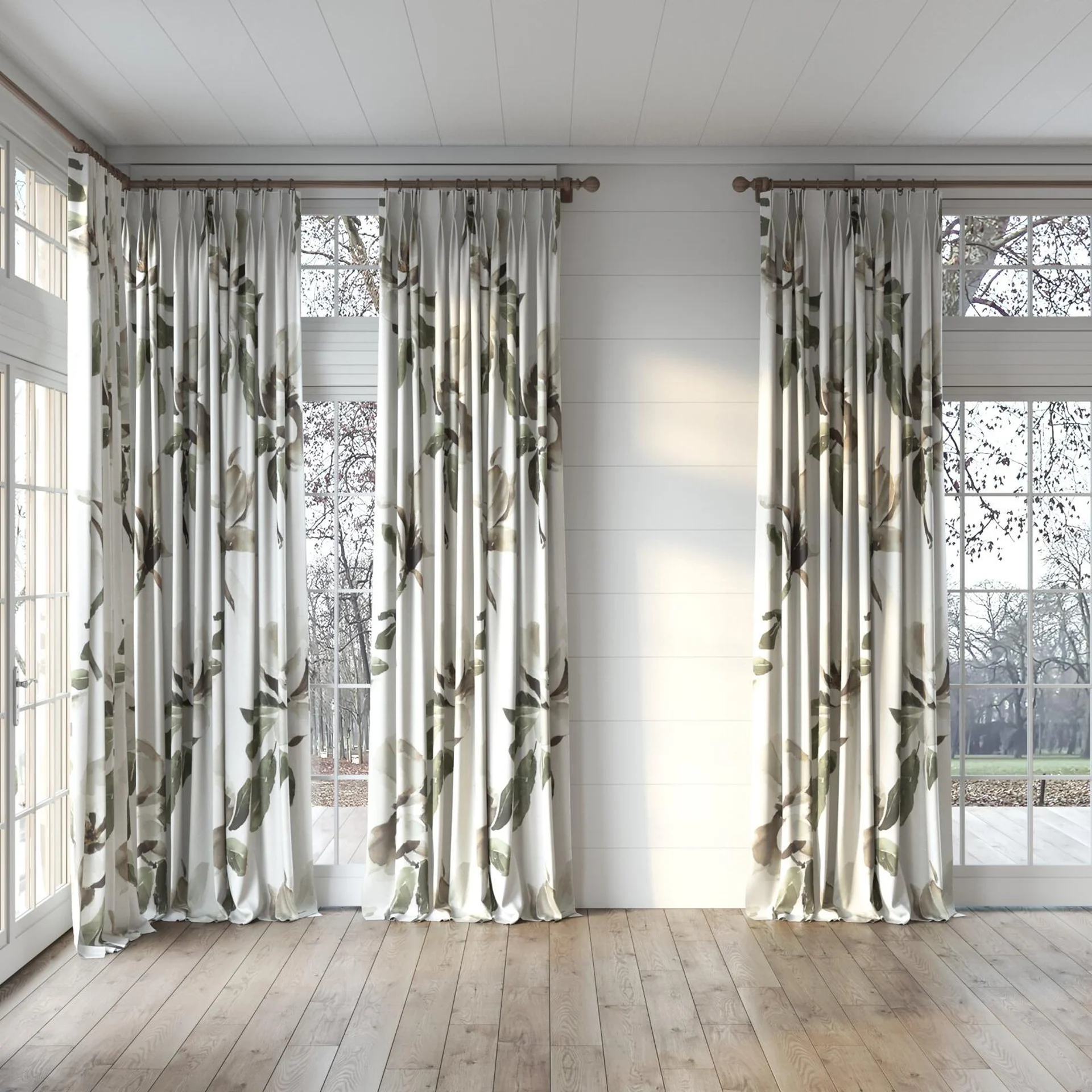 Full view of Magnolia Grandiflora Clove, puddled, on curtain rod