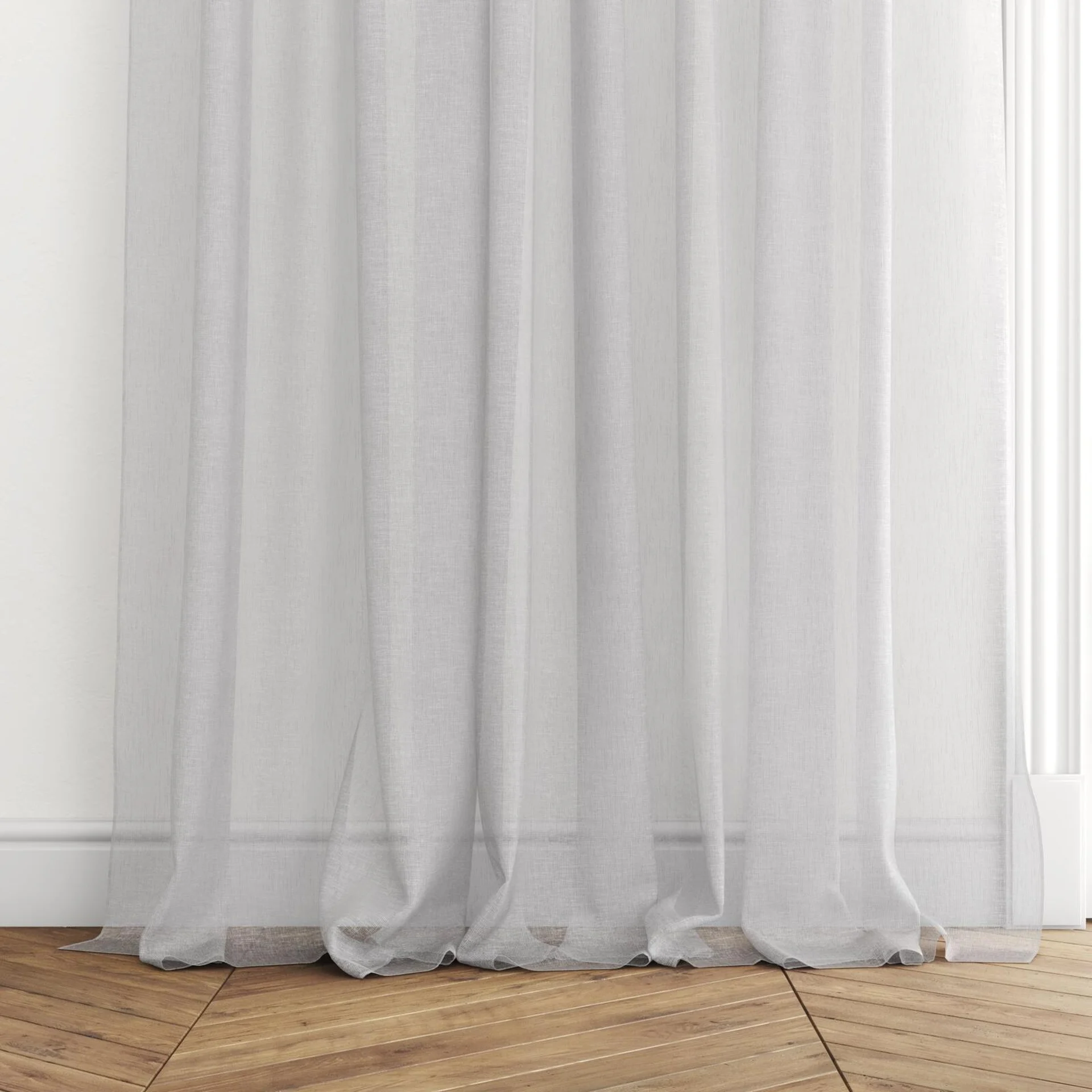 Bottom view of Seaview Silver Birch, puddled with pinch pleat, on curtain rod