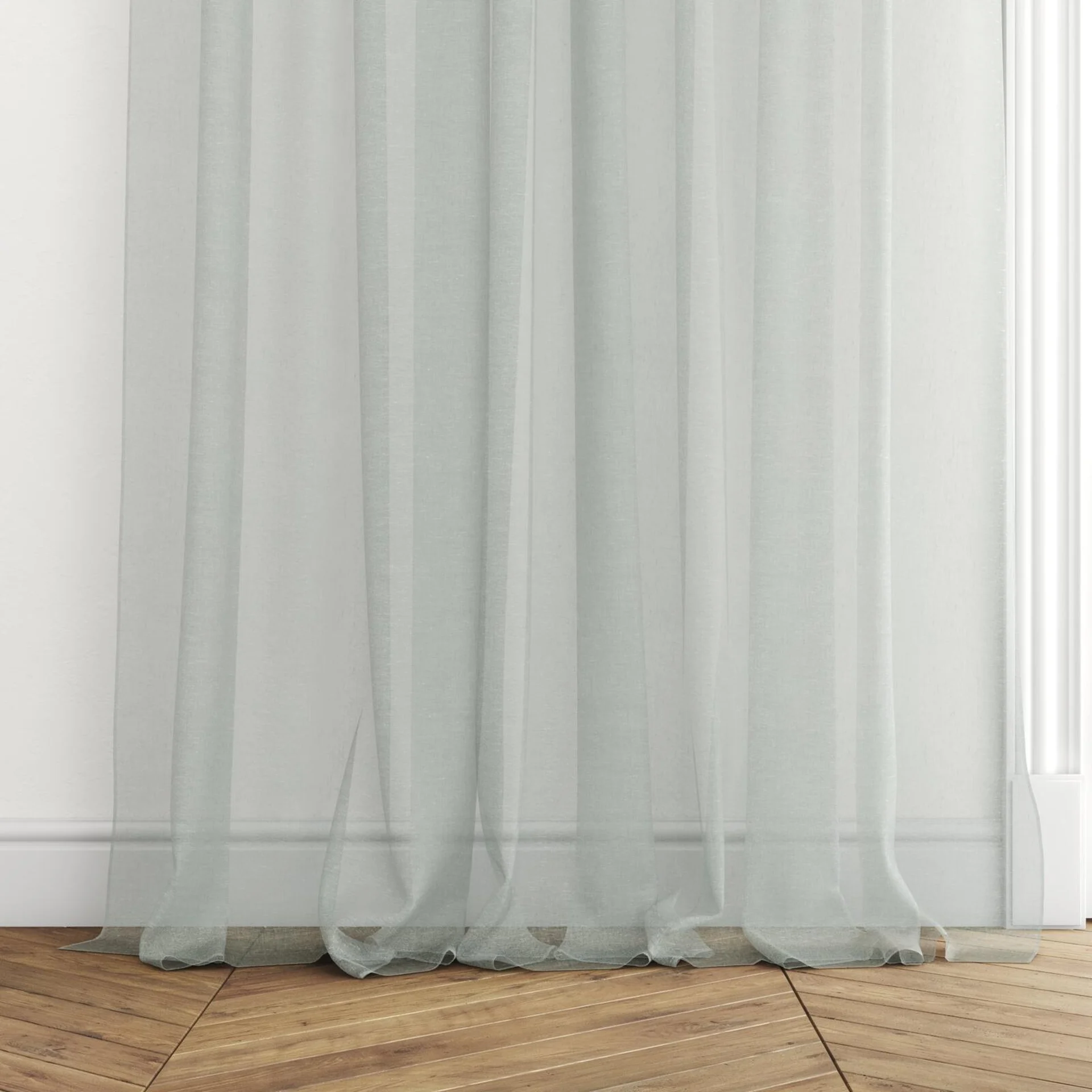 Bottom view of Rhyme Spring, puddled with pinch pleat, on curtain rod