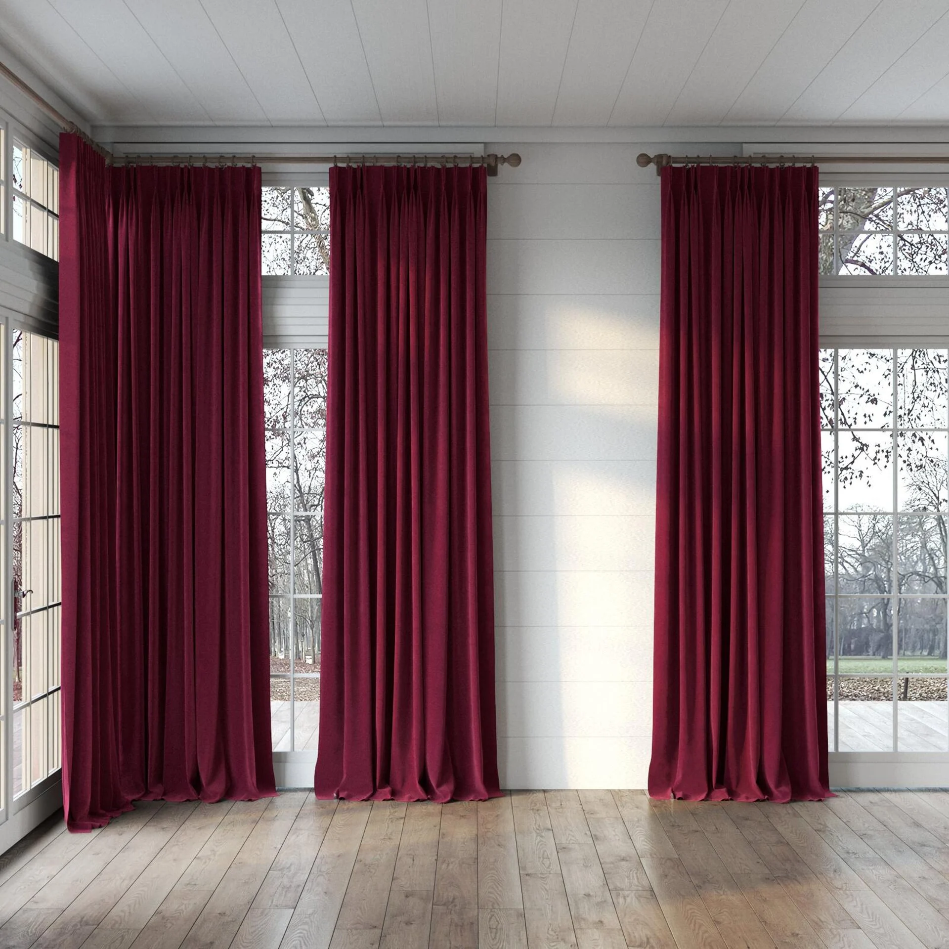 Full view of Lux Velvet Burgundy 10723, puddled, on curtain rod