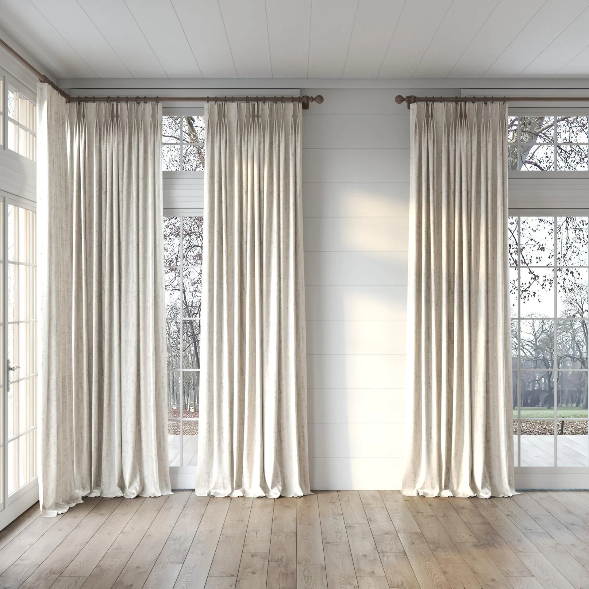 Full view of Distinguished Oyster, puddled, on curtain rod