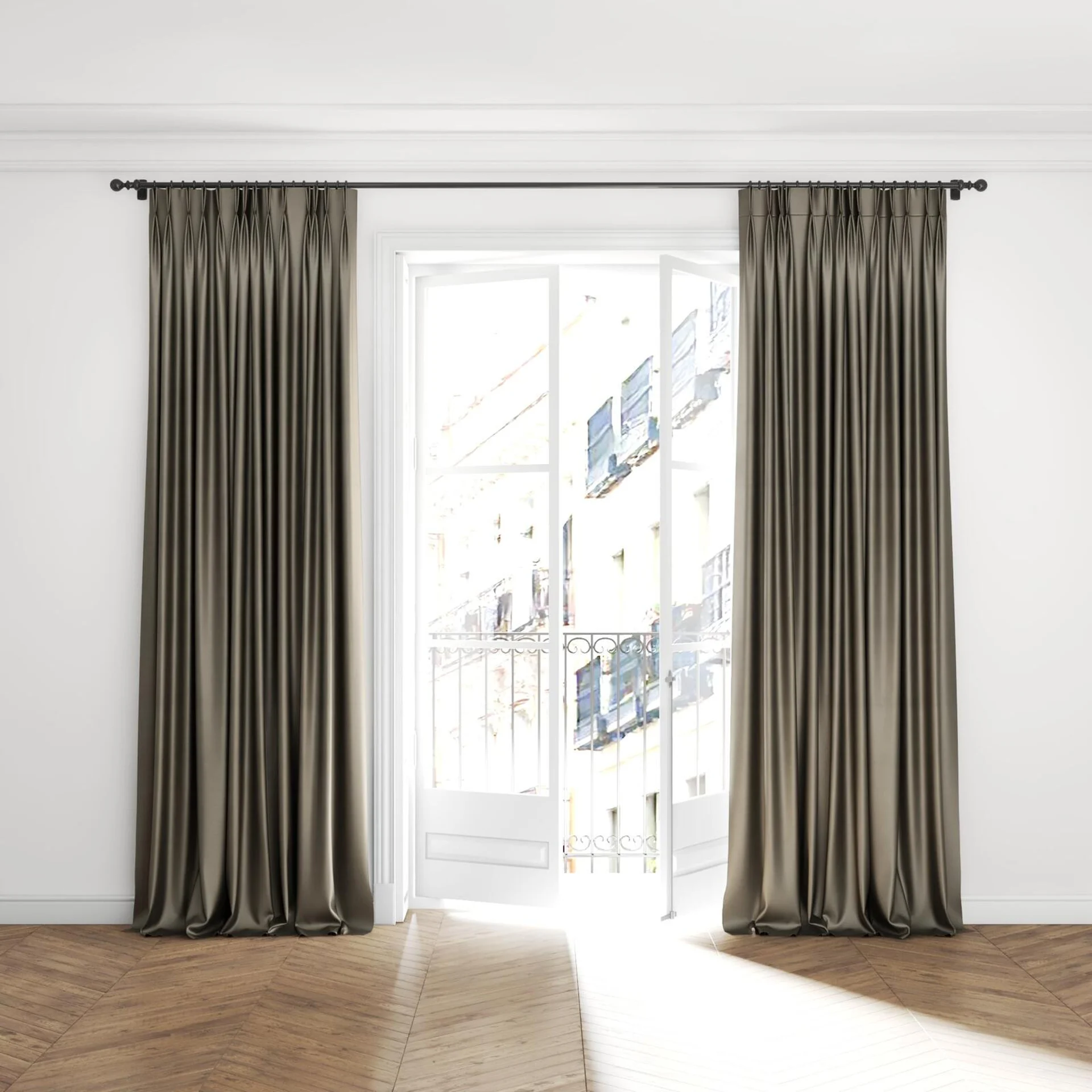 Full view of Mont Blanc Antique, puddled with pinch pleat, on curtain rod