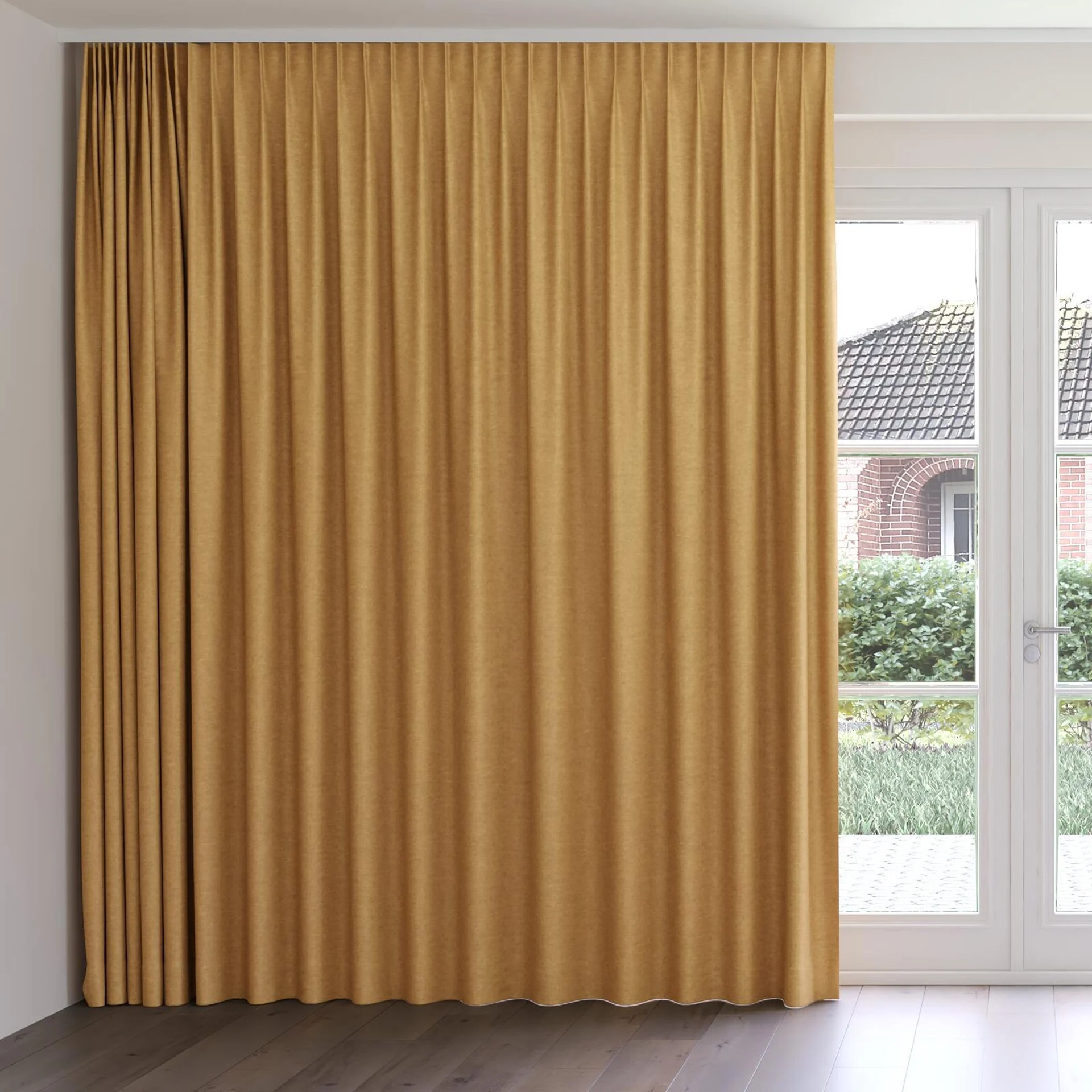Front view of Colourwash Amber, on curtain rail