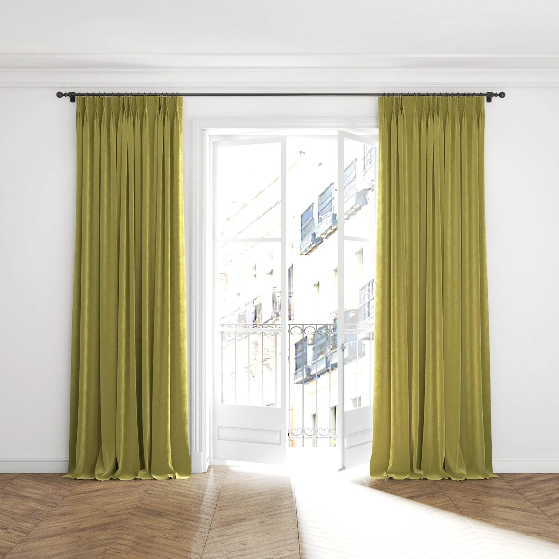 Full view of Lux Velvet Avocado 8117, puddled with pinch pleat, on curtain rod