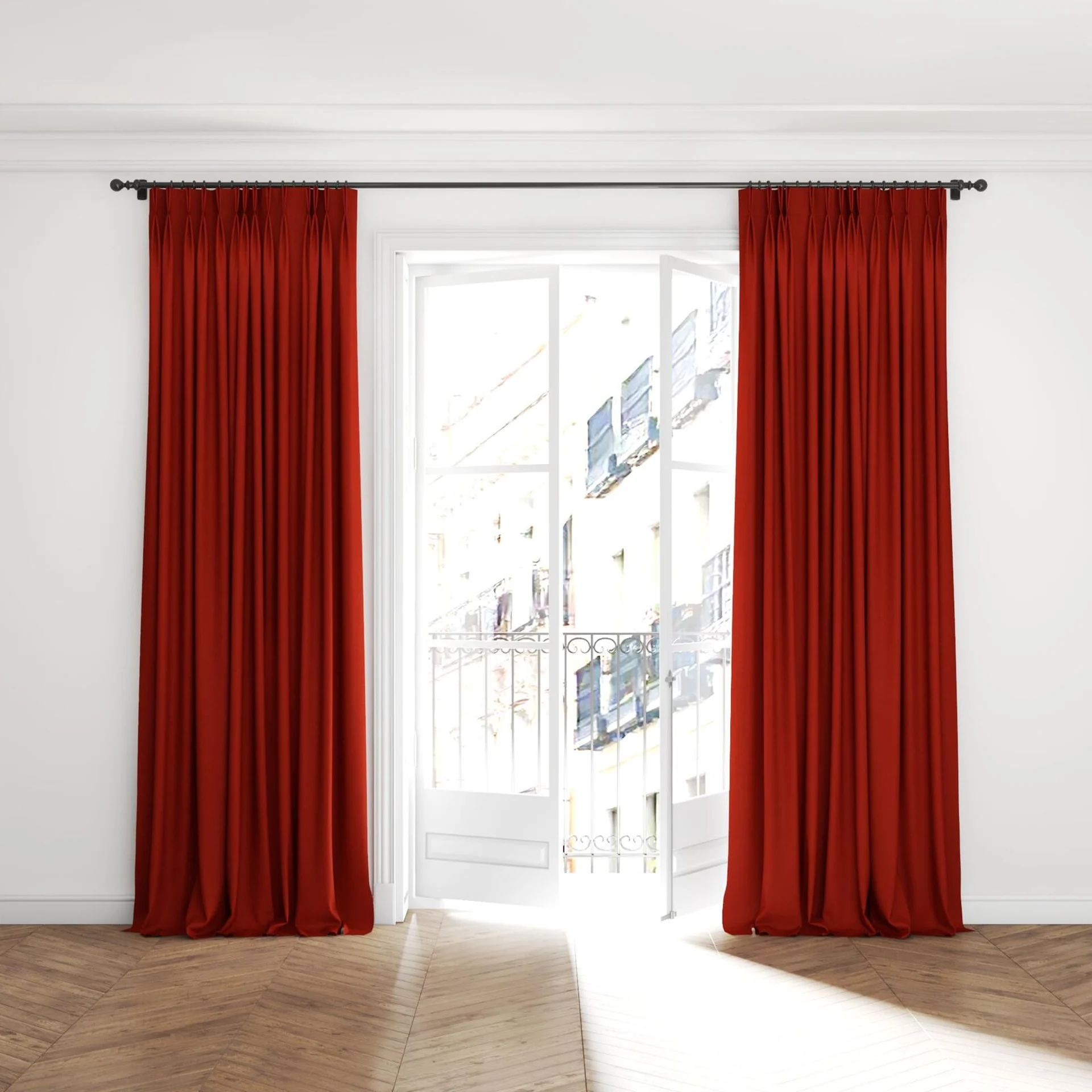 Full view of Peak Auburn, puddled with pinch pleat, on curtain rod