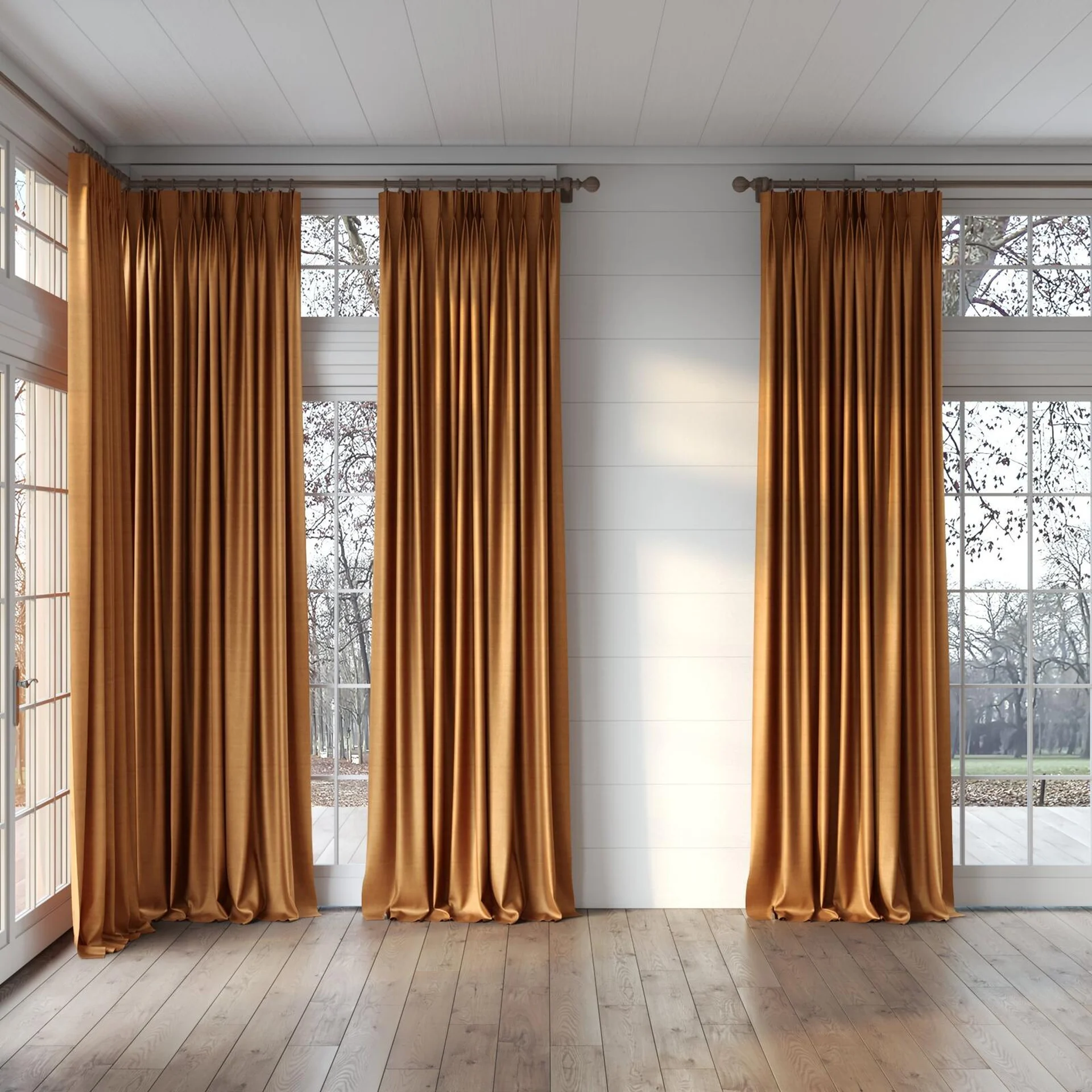 Full view of Zircon Terra, puddled, on curtain rod