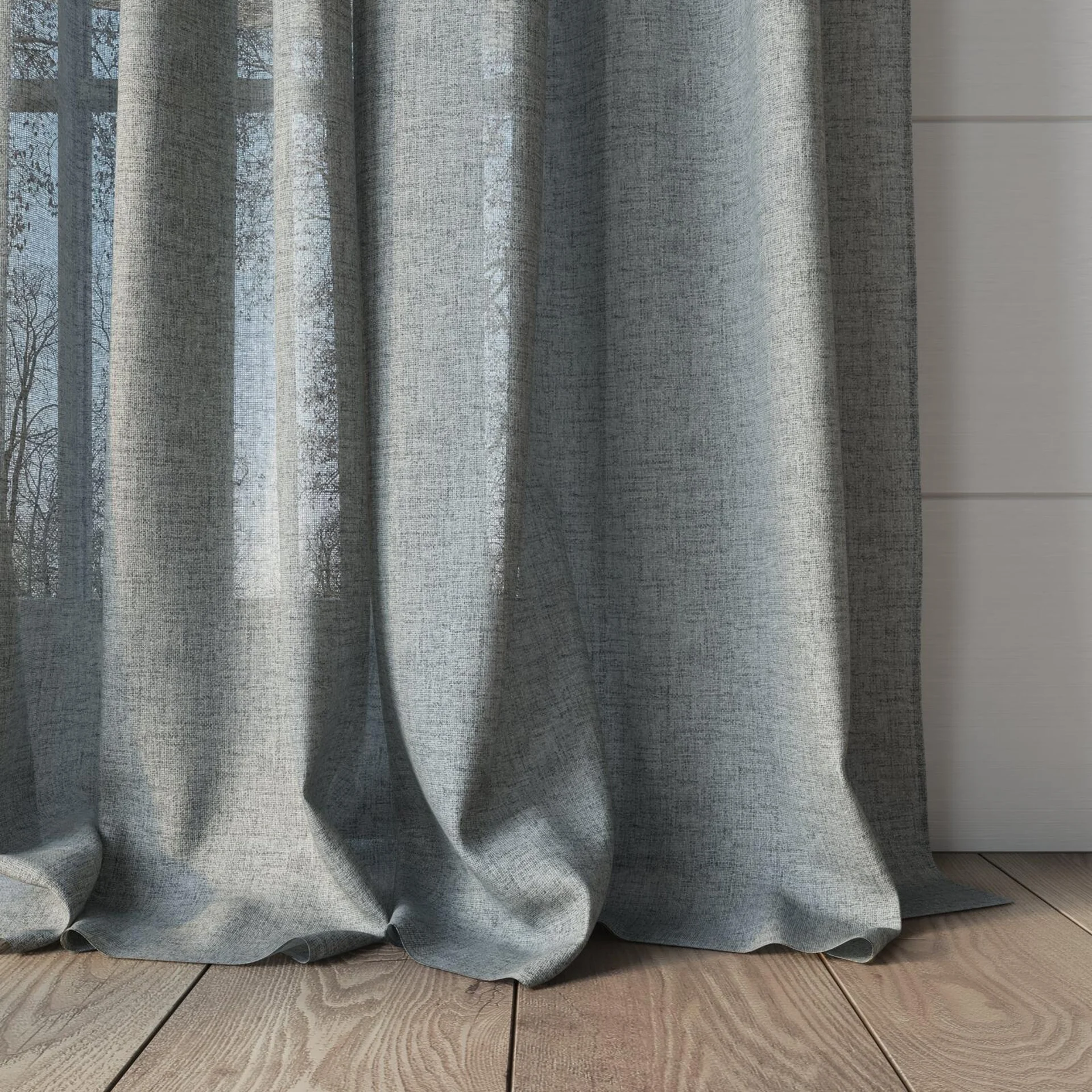 Bottom view of Rava Smoke, puddled, on curtain rod