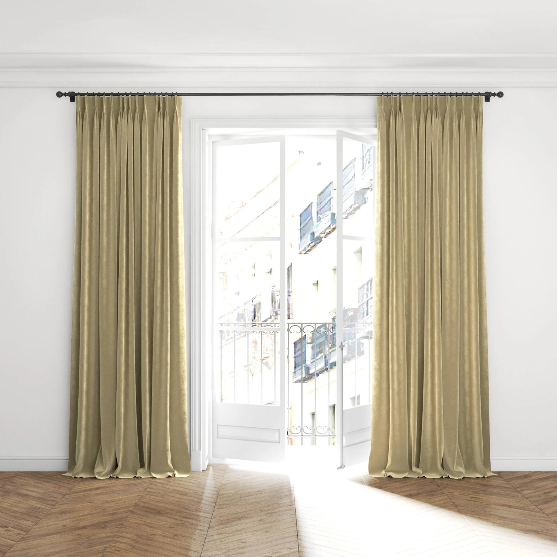 Full view of Lux Velvet Moss 8408, puddled with pinch pleat, on curtain rod