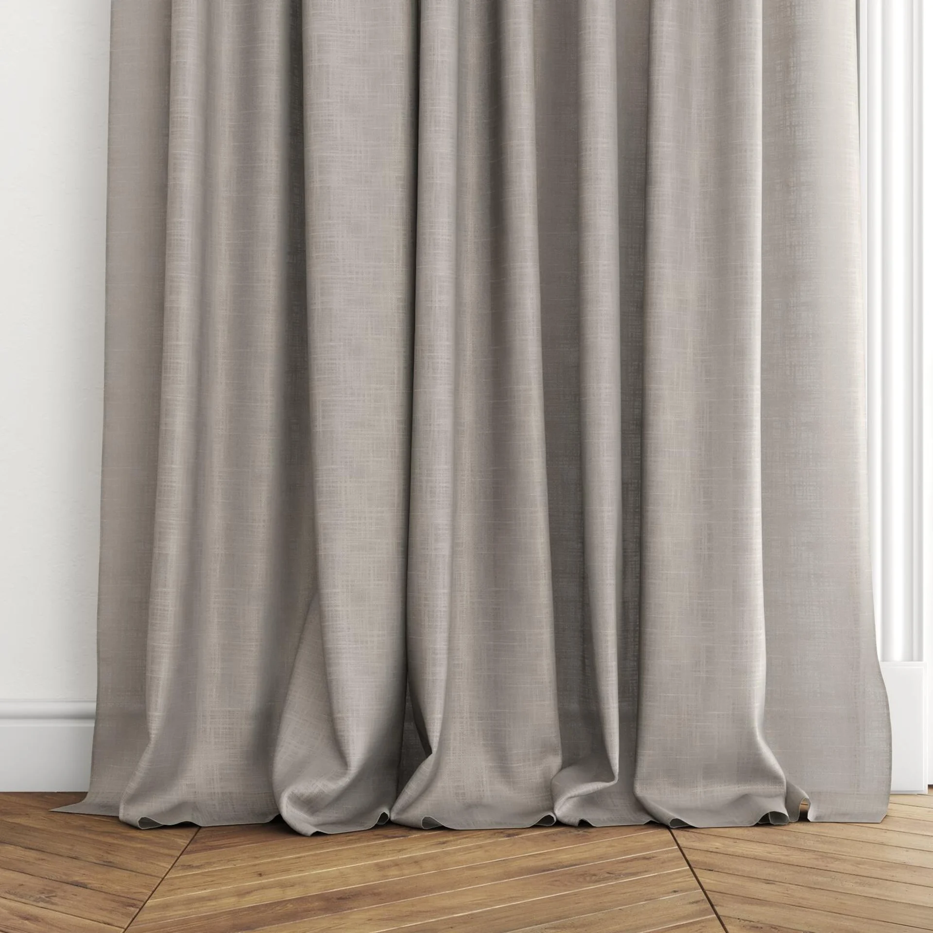 Bottom view of Charanga Linen, puddled with pinch pleat, on curtain rod