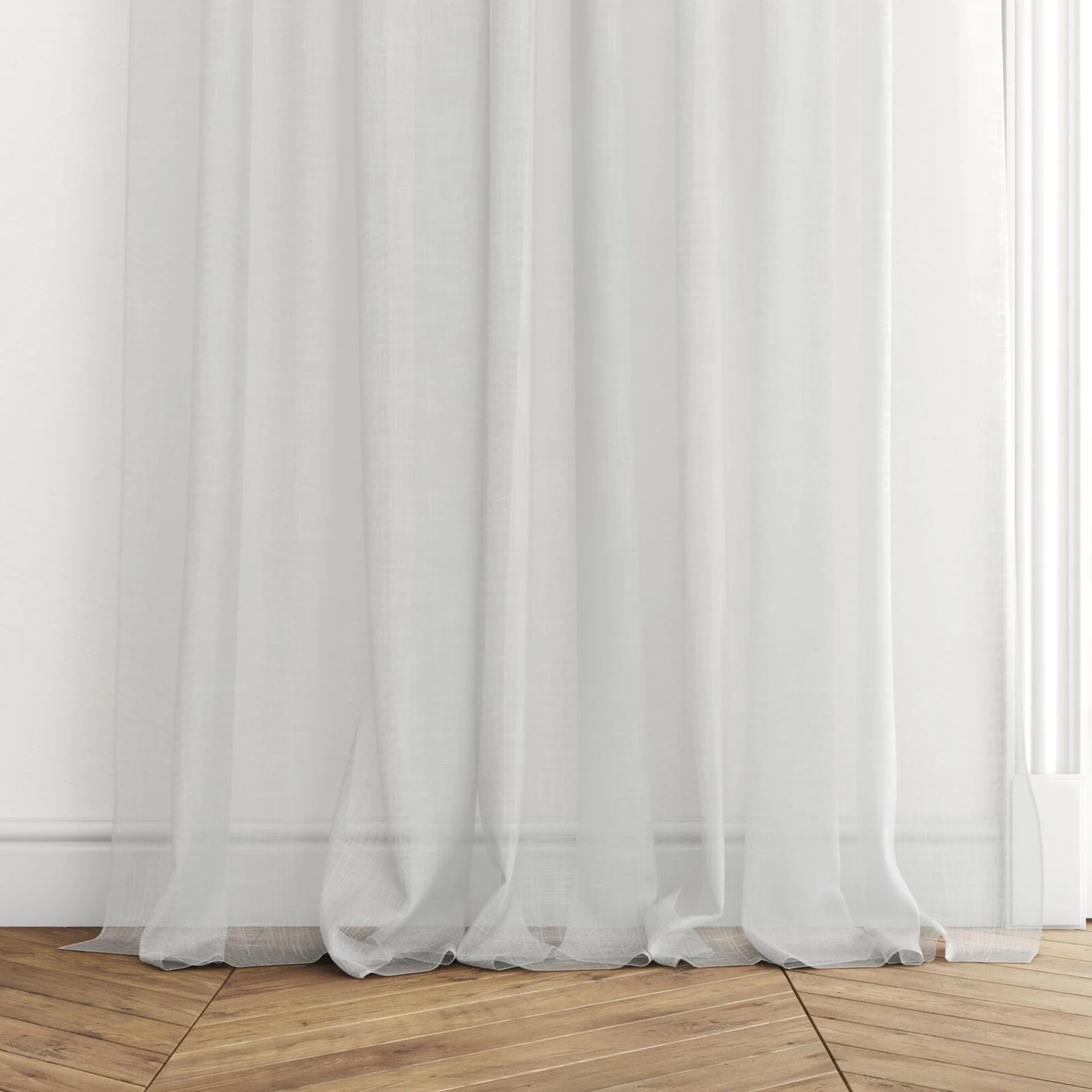 Bottom view of Attica Arctic, puddled with pinch pleat, on curtain rod