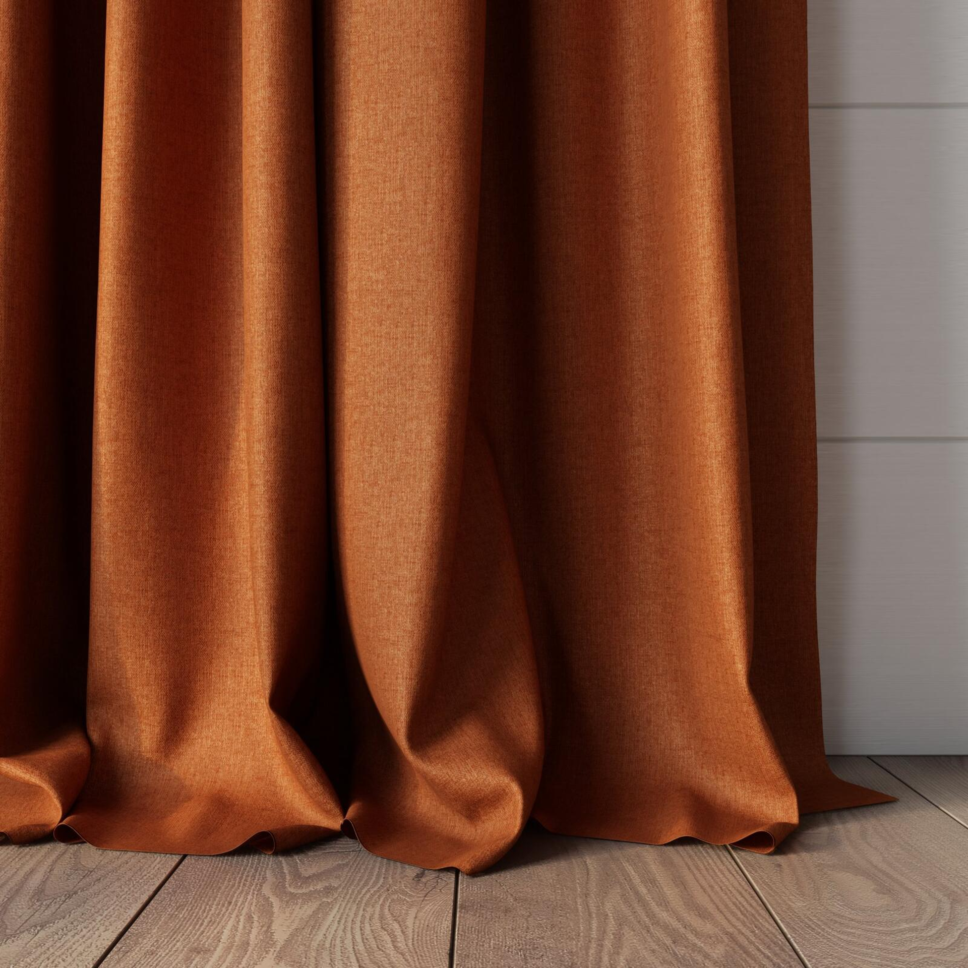 Bottom view of Cushy Ginger, puddled, on curtain rod