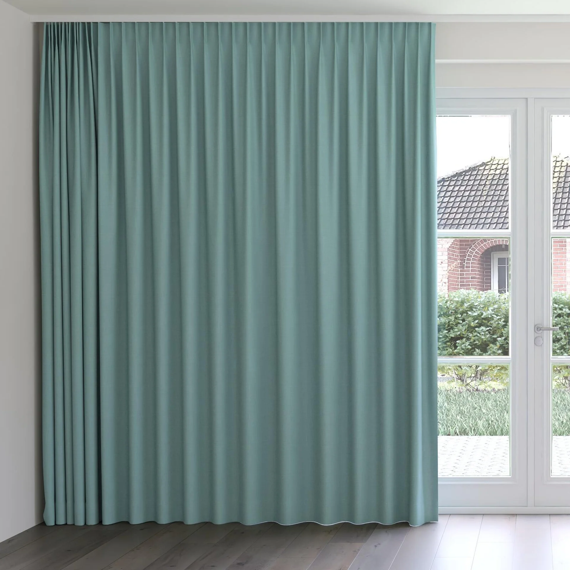 Front view of Darkness Aqua, on curtain rail