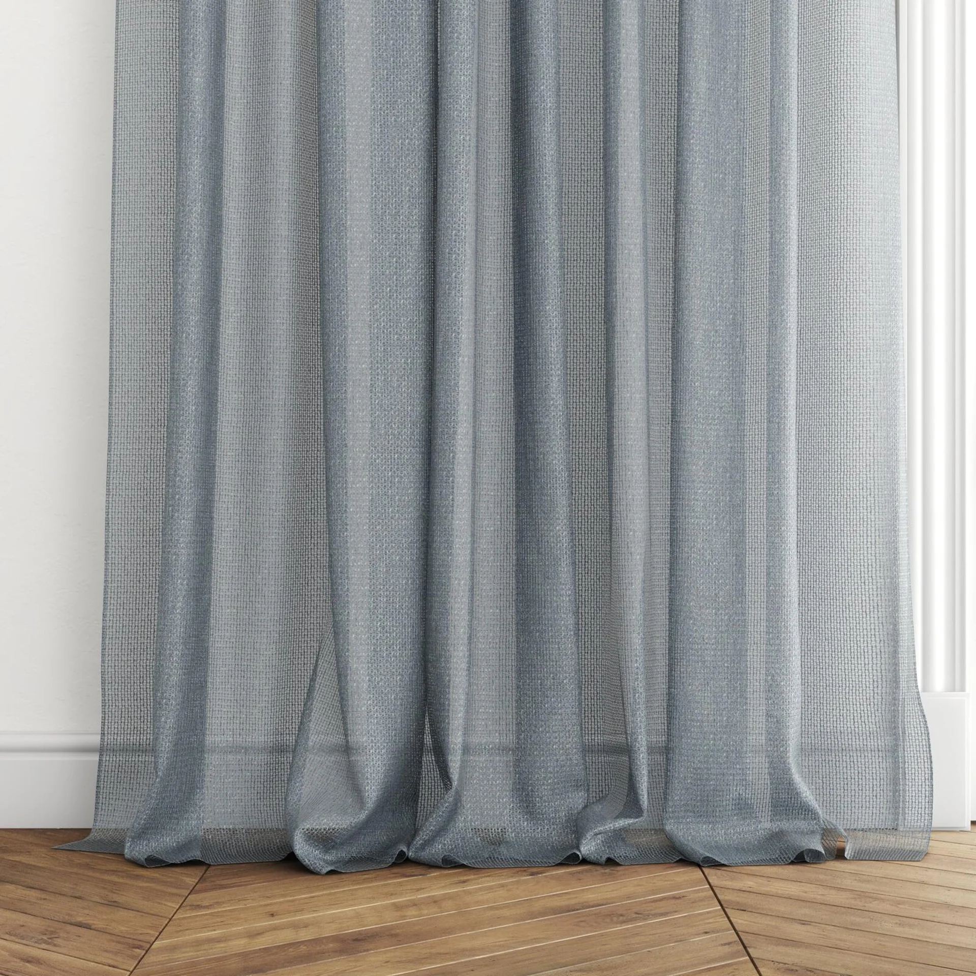 Bottom view of Cosmos Horizon, puddled with pinch pleat, on curtain rod