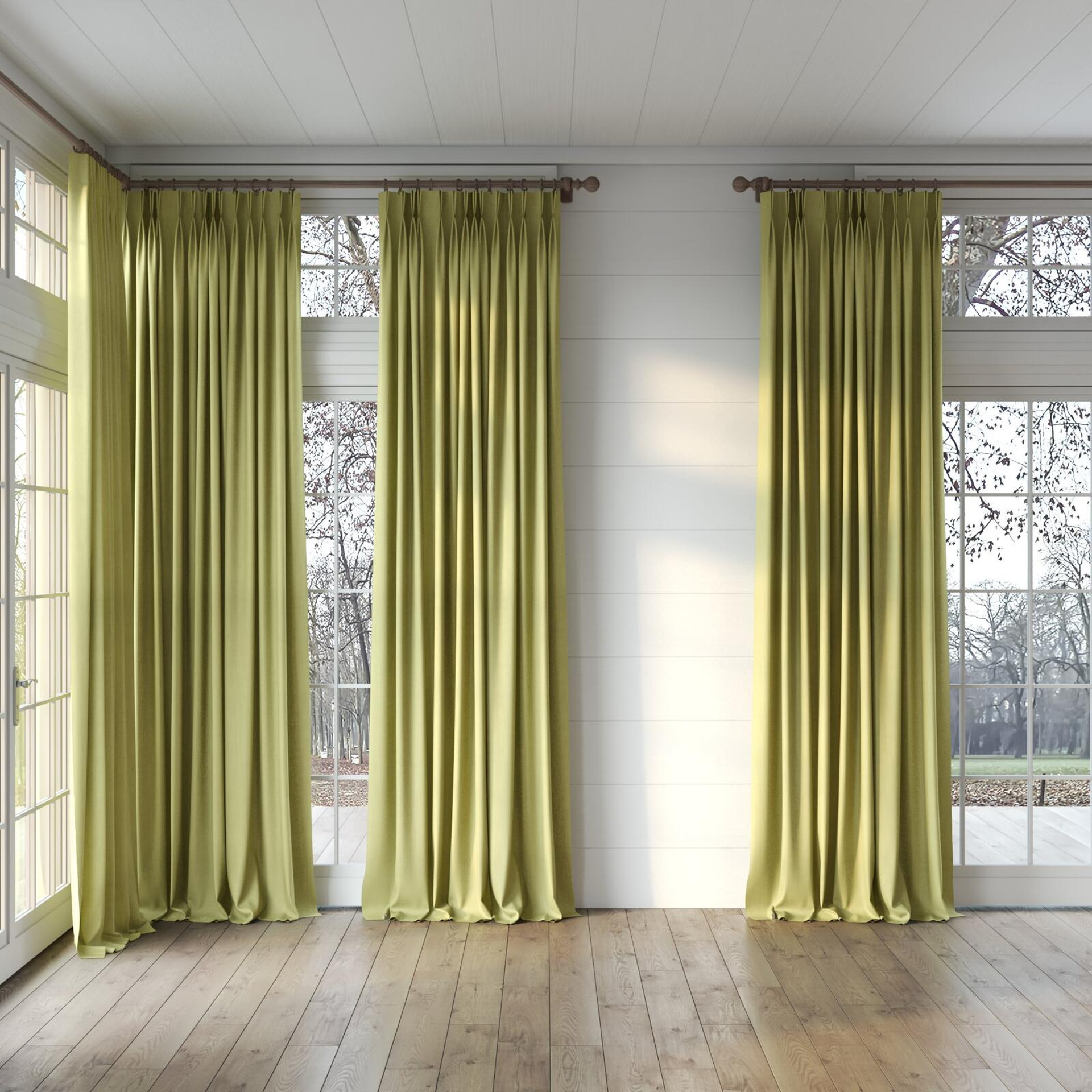 Full view of Lexicon Avocado, puddled, on curtain rod