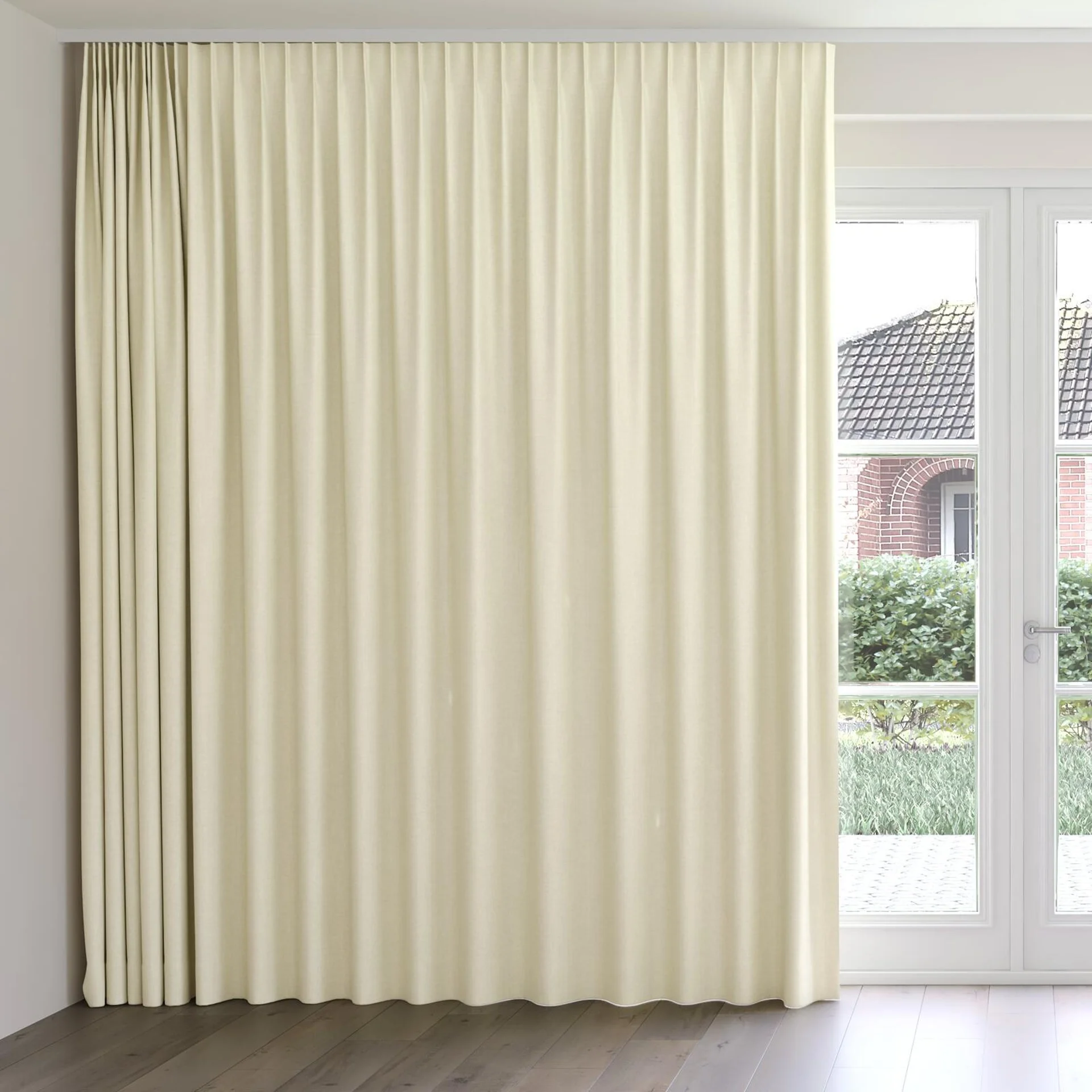 Front view of Cushy Marzipan, on curtain rail
