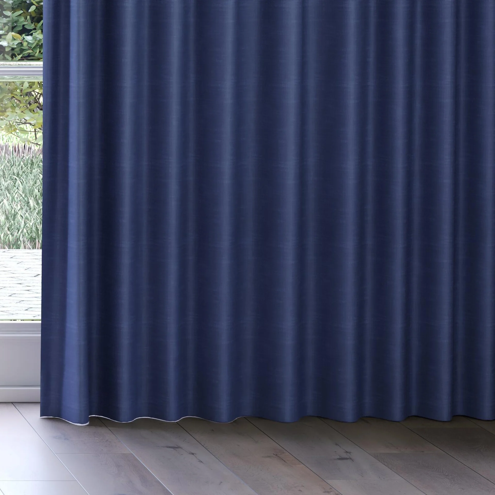 Bottom view of Loci Dim Out Indigo, on curtain rail
