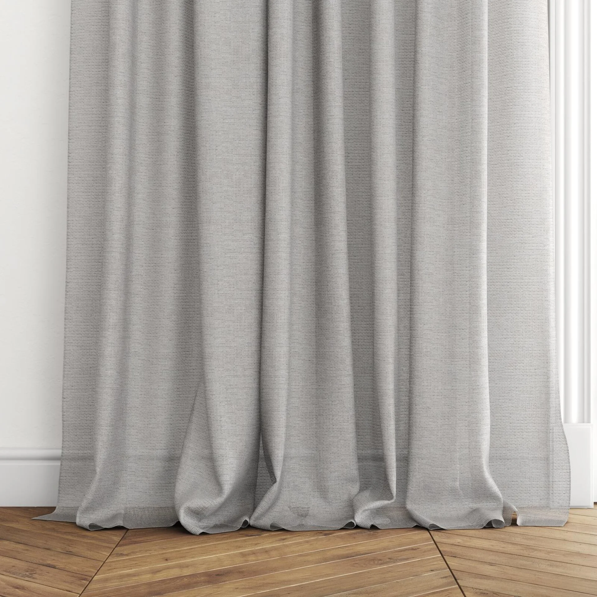 Bottom view of Mathilde Aluminium, puddled with pinch pleat, on curtain rod
