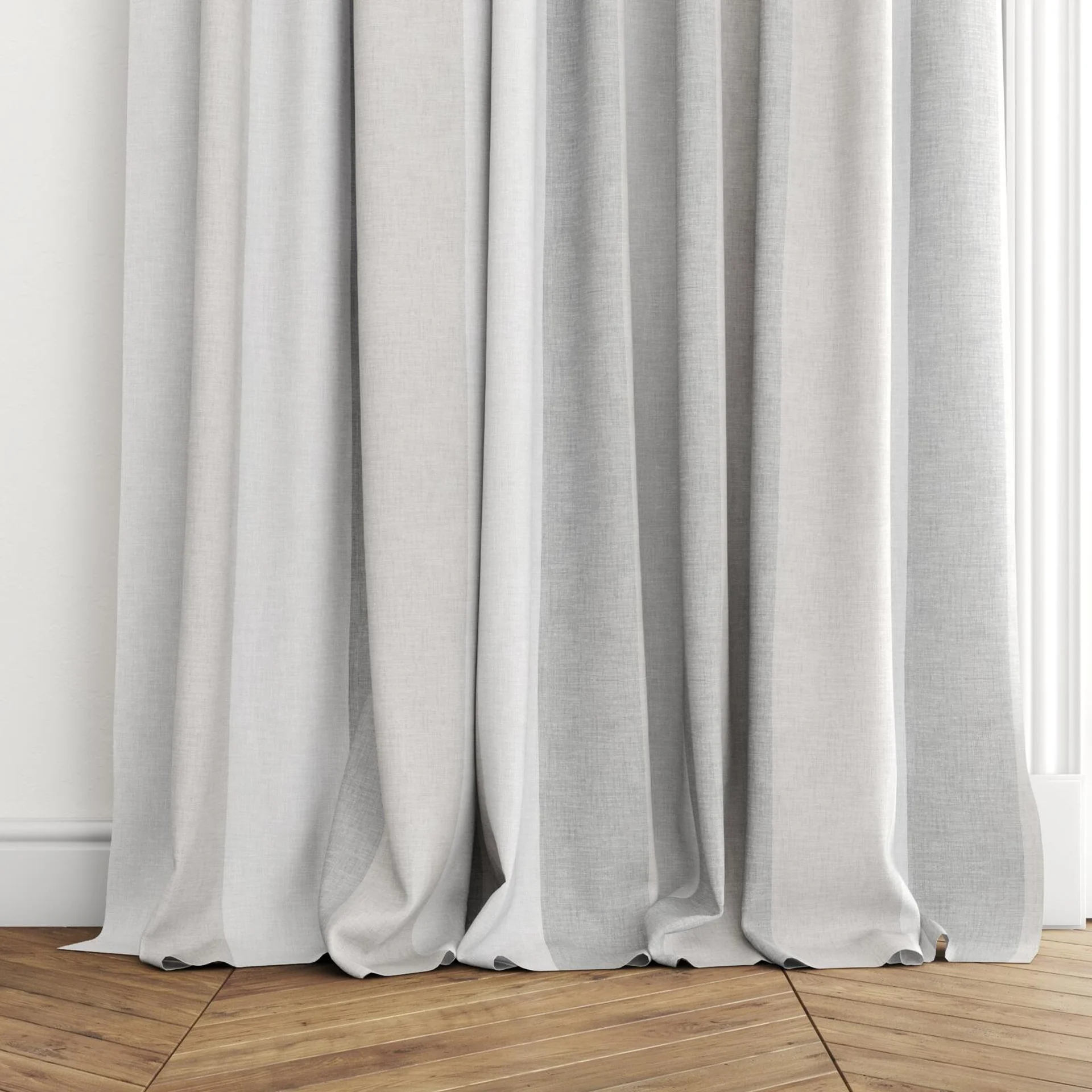 Bottom view of Tully Aluminium, puddled with pinch pleat, on curtain rod