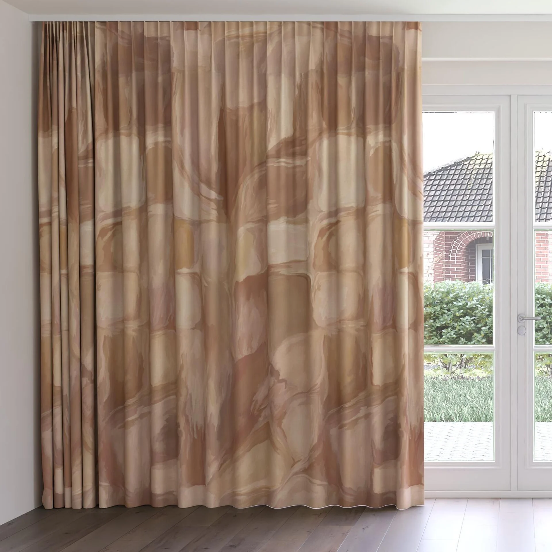Front view of Colour Field Clay, on curtain rail